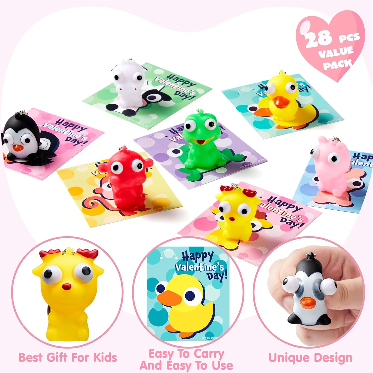 28 Packs Valentine'S Day Gifts Card with Unzip Popping Eyes Animal Keychains for Kids Party Favor, Classroom Exchange Prizes, Valentine’S Greeting Cards