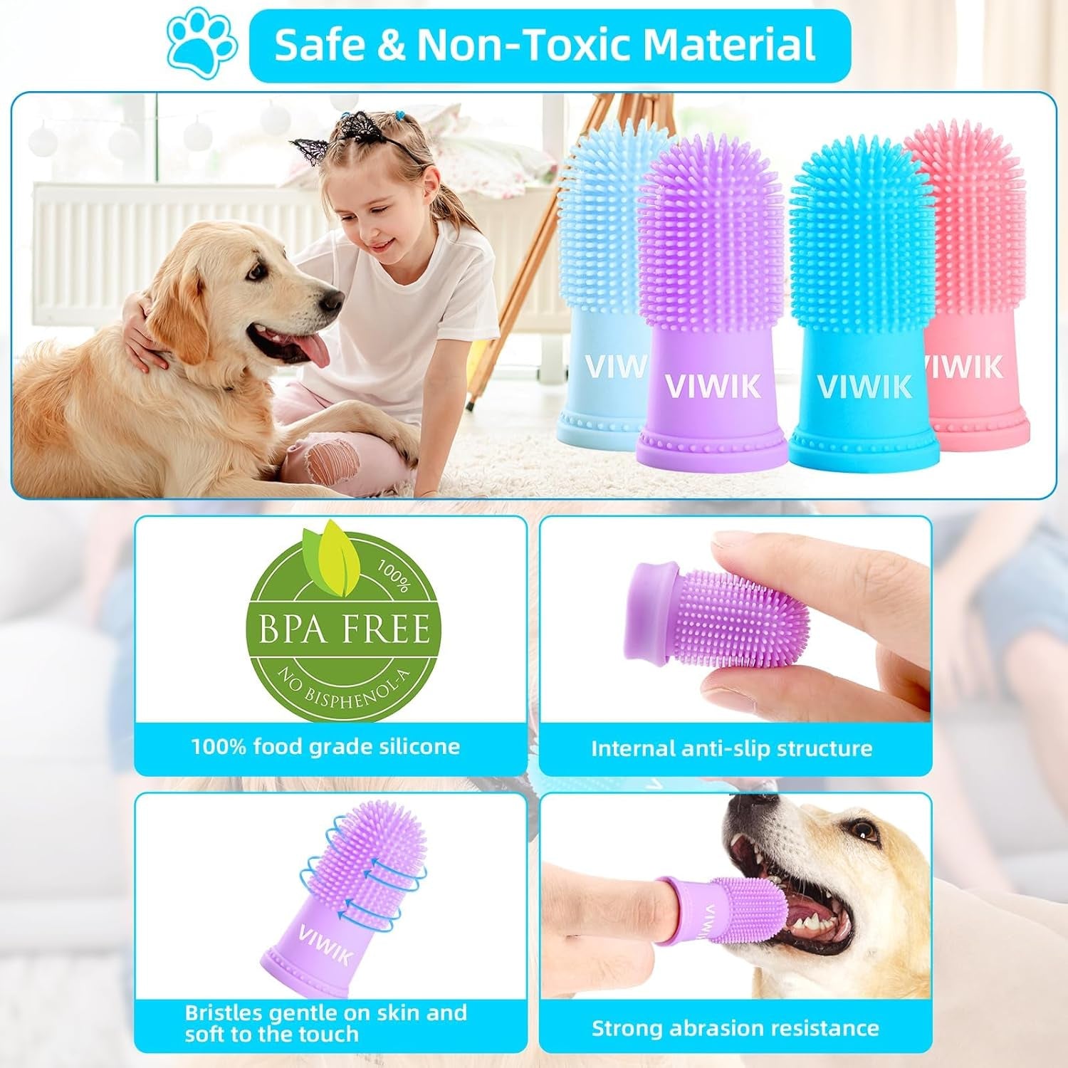 Dog Bath Gloves with 4Pack Dog Toothbrush, Dog Grooming Kit, Dog Finger Toothbrush for Small Breed, Medium Large Dogs, Silicone Dog Washing Gloves with High-Density Teeth, Pet Grooming Gloves