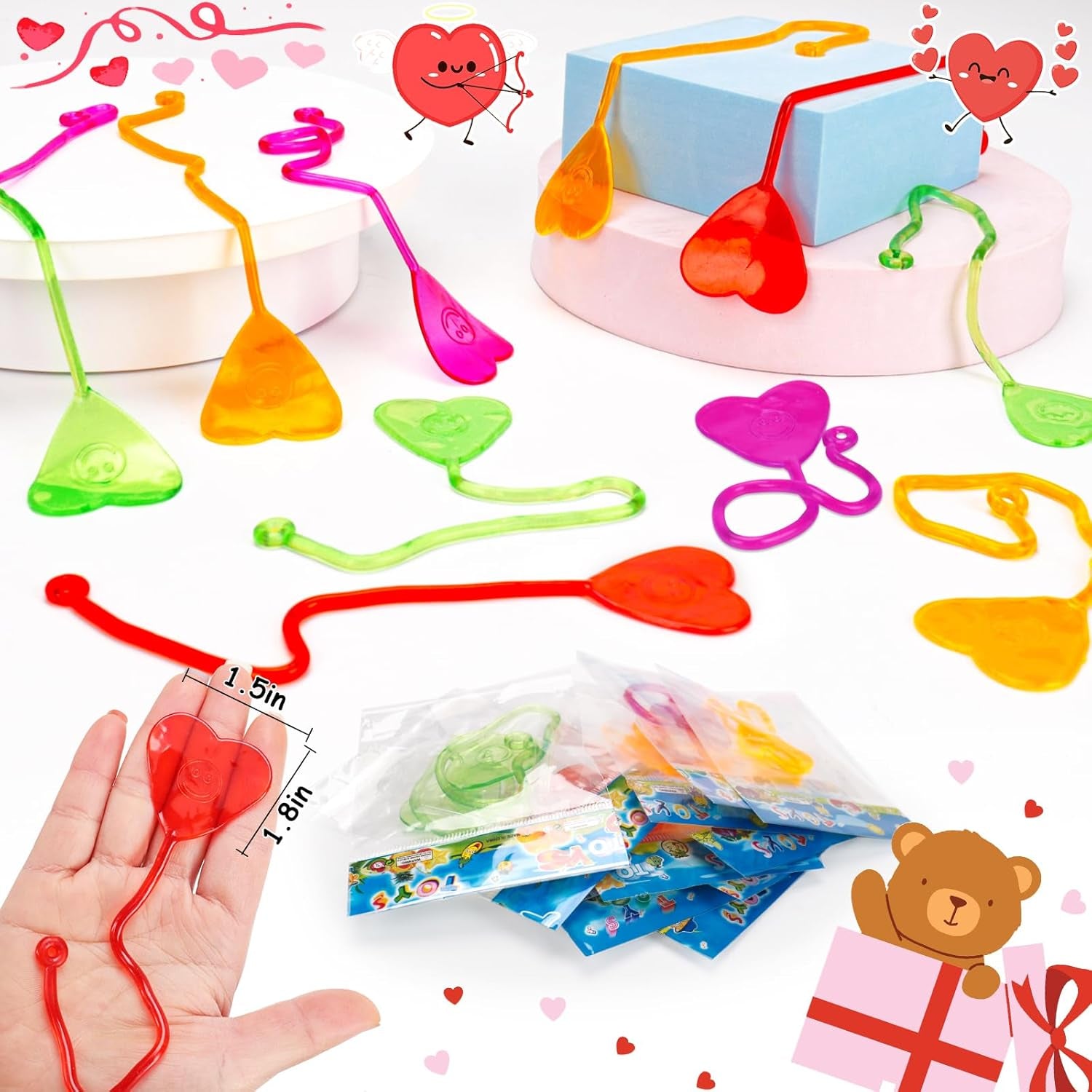 40 Pcs Valentine Exchange Gift Sticky Hands Heart for Kids Goodie Bag Stuffer Sensory Stretchy Treasure Box Classroom Prize Student Toys Bulk Pinata Fillers Valentine Day Treat Party Favor Supplies