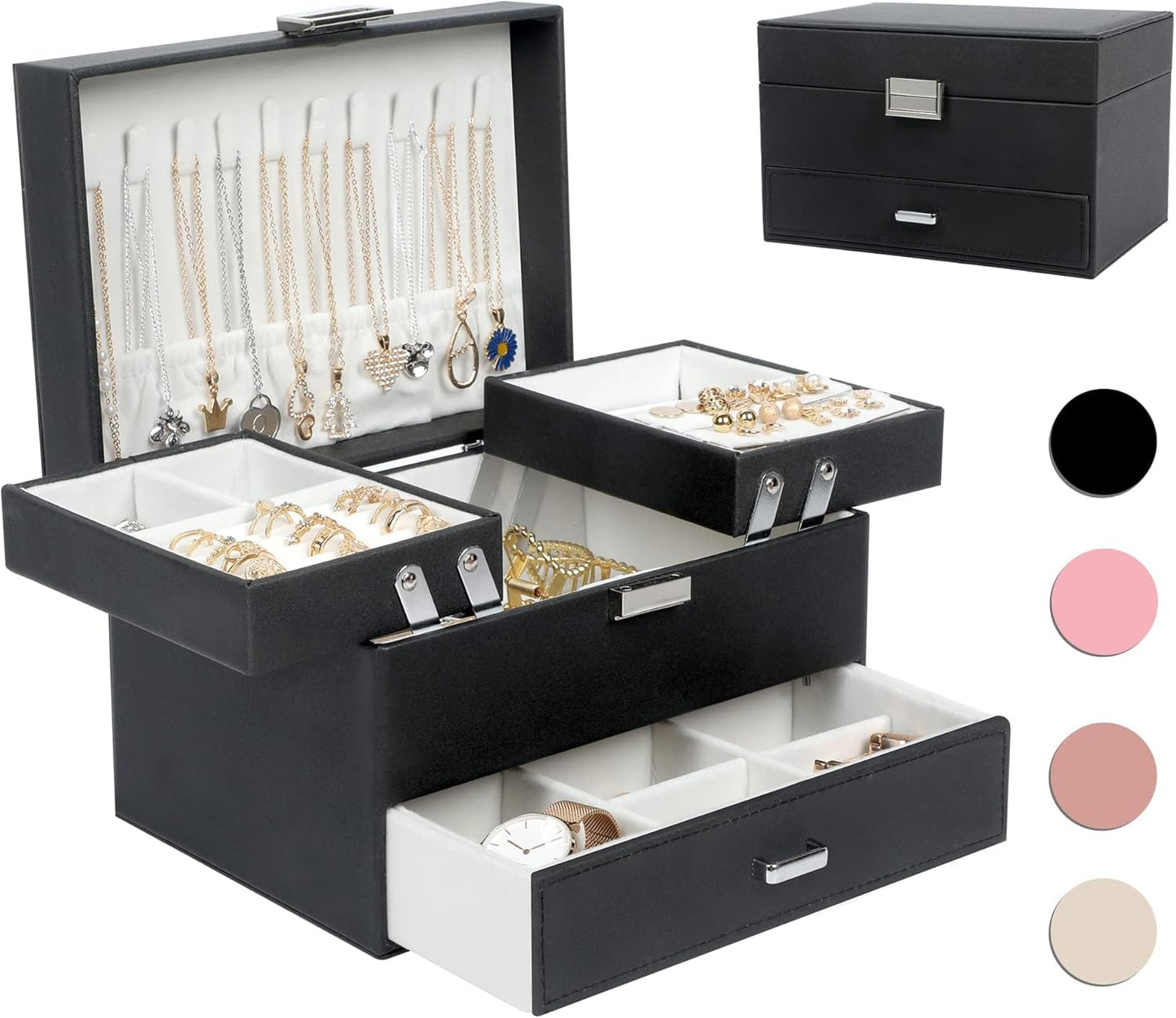 Jewelry Boxes for Women Girls, Jewelry Organizer Box, 3 Layers Jewelry Storage Organizer for Earring, Ring, Necklace, Bracelets (Black)