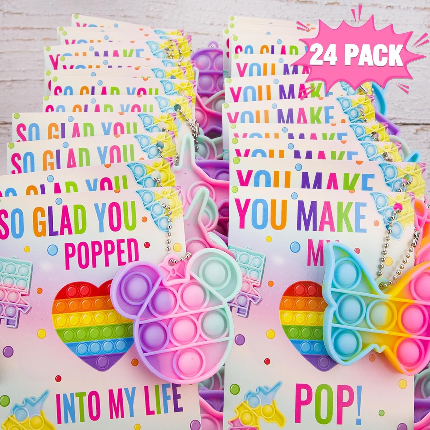 Valentines Day Gifts for Kids - 24 Valentines Cards with Pop Bubbles Bulk- Valentine Exchange for Girls Boys School Class Classroom Fidget Toys Party Favors