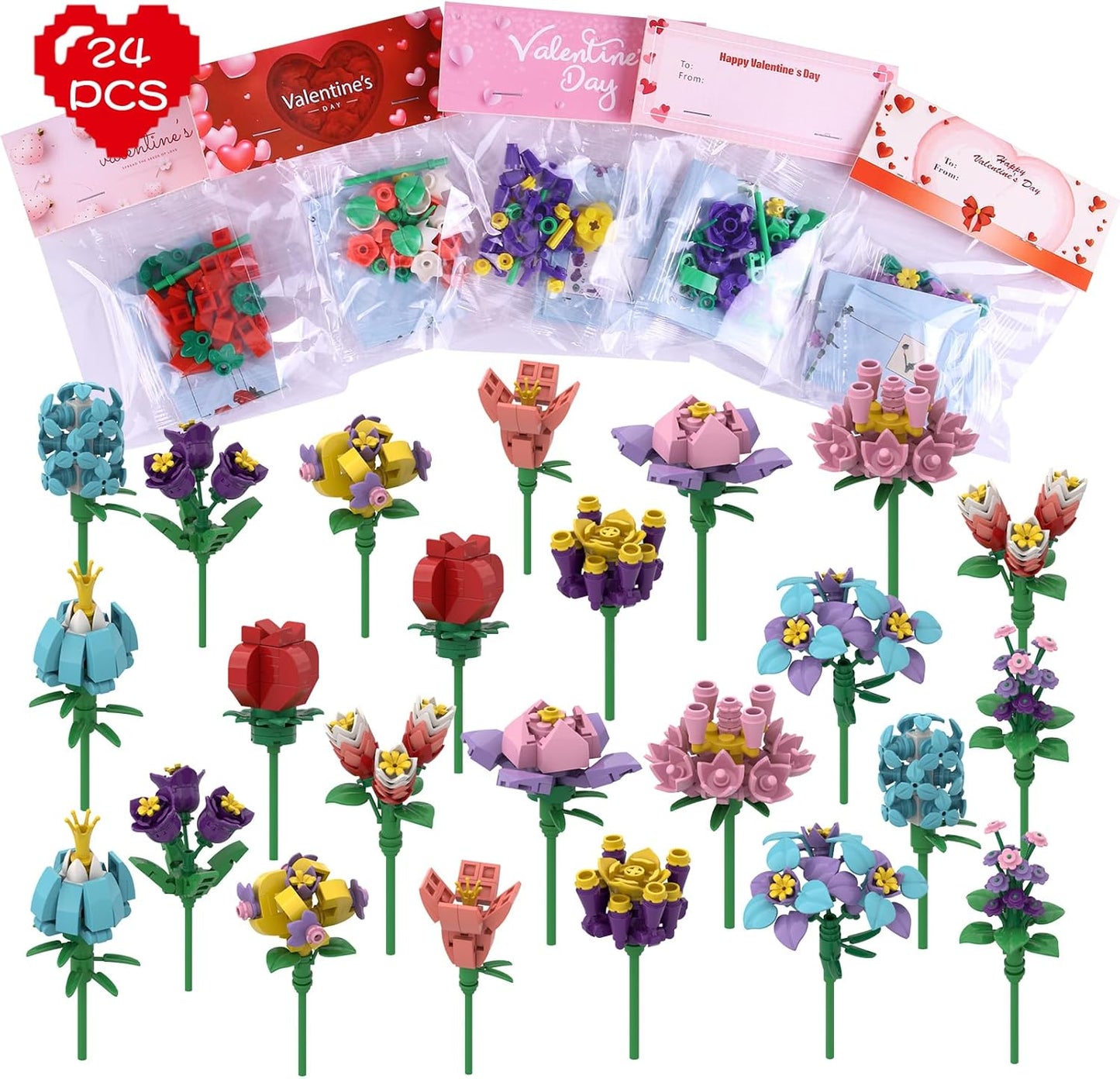 24 Pack Valentines Day Gifts for Kids Valentines Rose Flower Building Blocks Set with Card Classroom Exchange Prize Party Favor Blocks for Boys and Girls