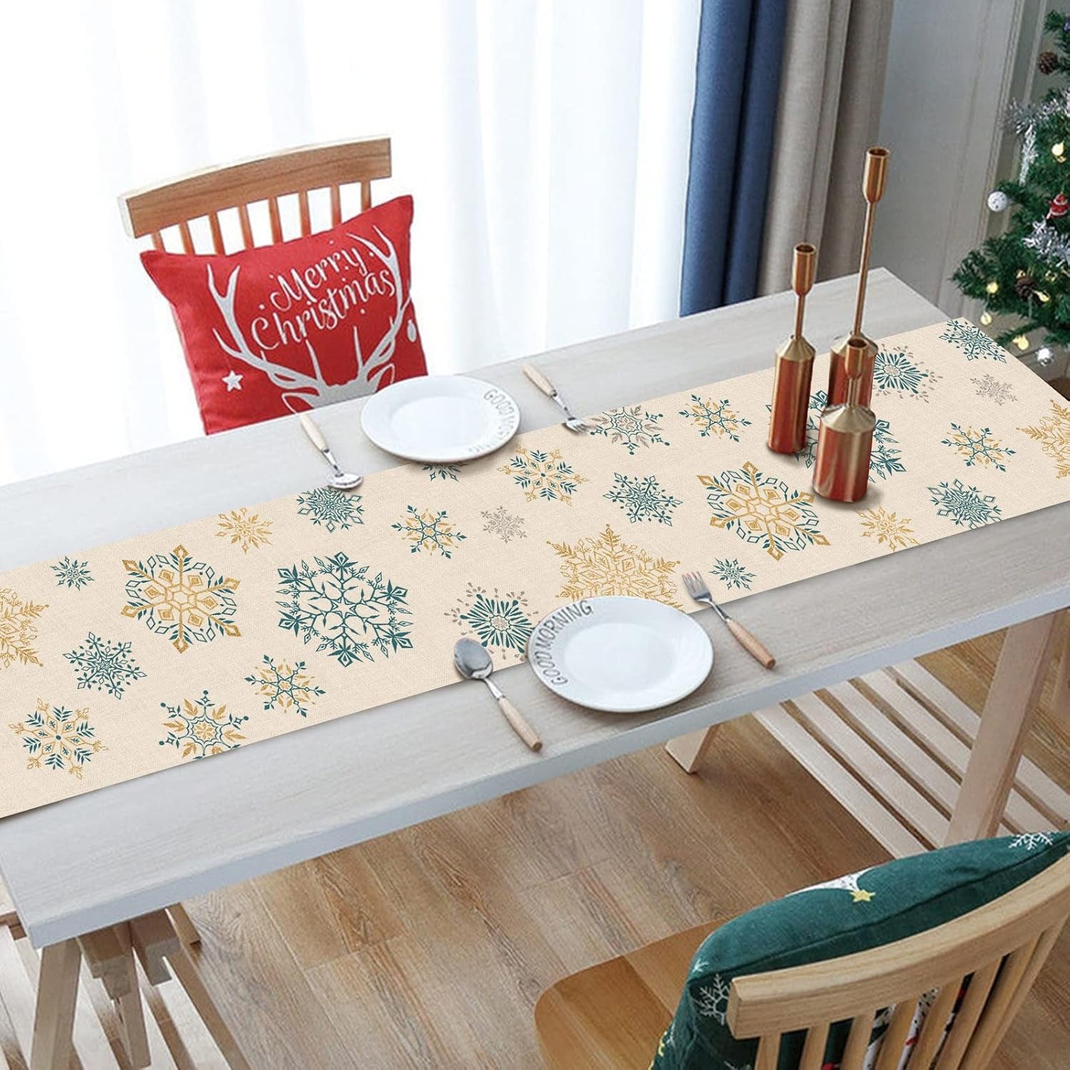 Winter Snowflakes Table Runner, Gold Blue Tabletop Scarf Home Kitchen Christmas Holiday Decor Sign, Seasonal Farmhouse Rustic Burlap Dining Decorations Party Supplies 13 X 72 Inch