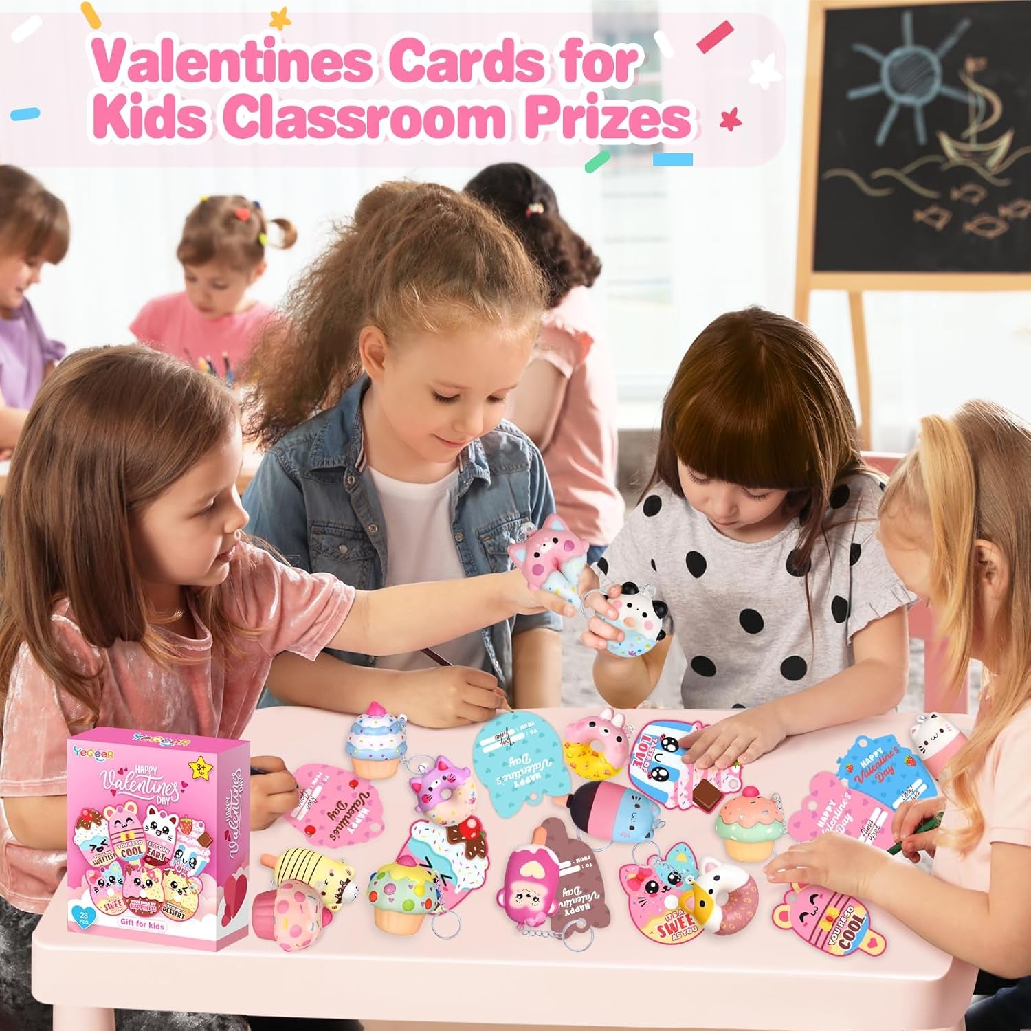 28 Pack Valentines Cards for Kids, Valentine Dessert Squishy Toys with Cards, Classroom Exchange Prizes & Party Favors, Kids Valentines Day Cards, Ideal Valentine Gifts for Boys Girls