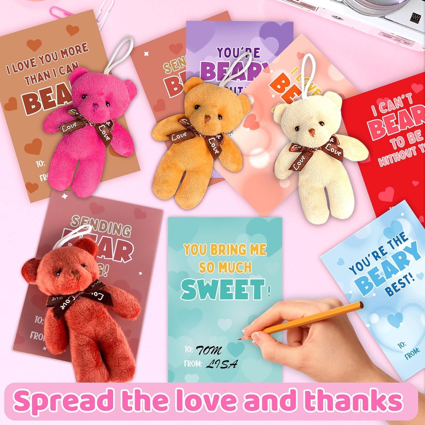 Valentines Day Gifts Cards for Kids, 24 Mini Stuffed Animal Plush Bears with Valentines Cards, Valentine Cards Gifts for Kids School Classroom Exchange, Valentines Day Gifts for Kids Girls