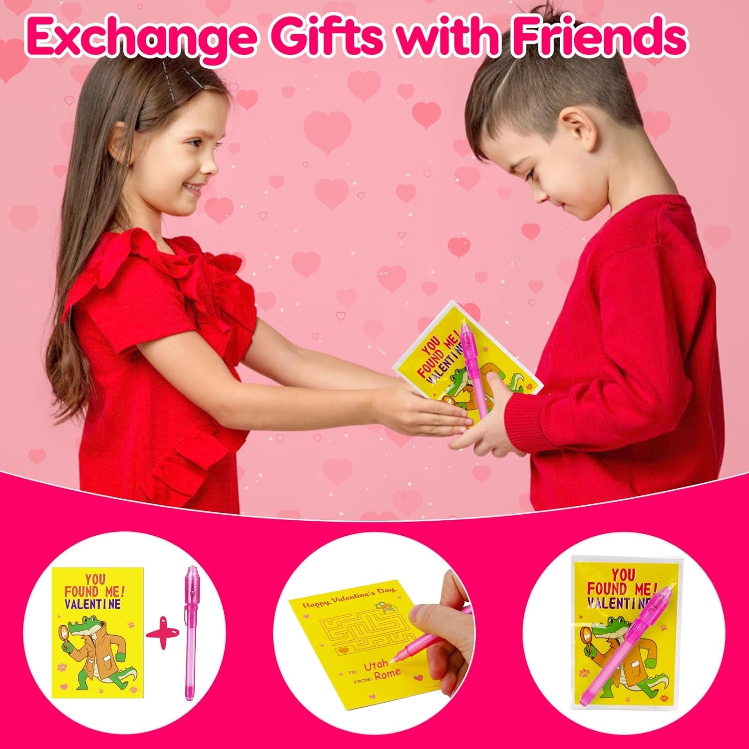 28PCS Valentines Day Gifts for Kids Classroom with Invisible Ink Pen, Kids Valentine Day Cards for School Boys Girls Student Exchange Gifts Spy Pens for Toddler Valentine'S Party Favors Treat Bulk