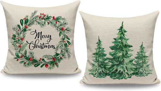 Merry Christmas Wreath Throw Pillow Covers 18X18 Set of 2 Christmas Tree Green Pillow Covers for Sofa Couch Farmhouse Christmas Decorations