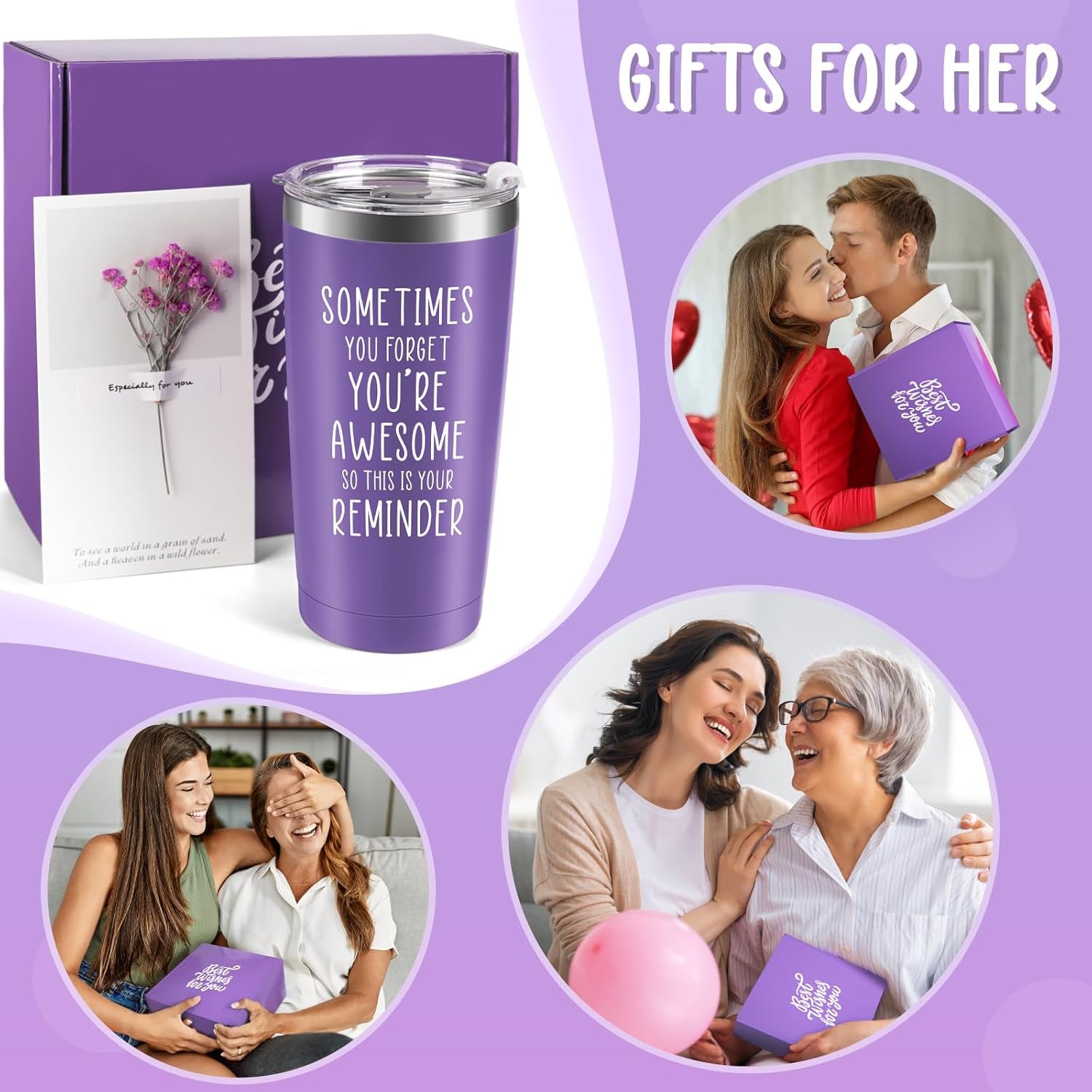 Birthday Gifts for Women Girls - Christmas Gifts for Mom Wife Sister Female Friends Girlfriend Nurse Mothers Day Presents for Her Lavender Relaxing Spa Basket Purple Gift Box Mug Tumbler Set