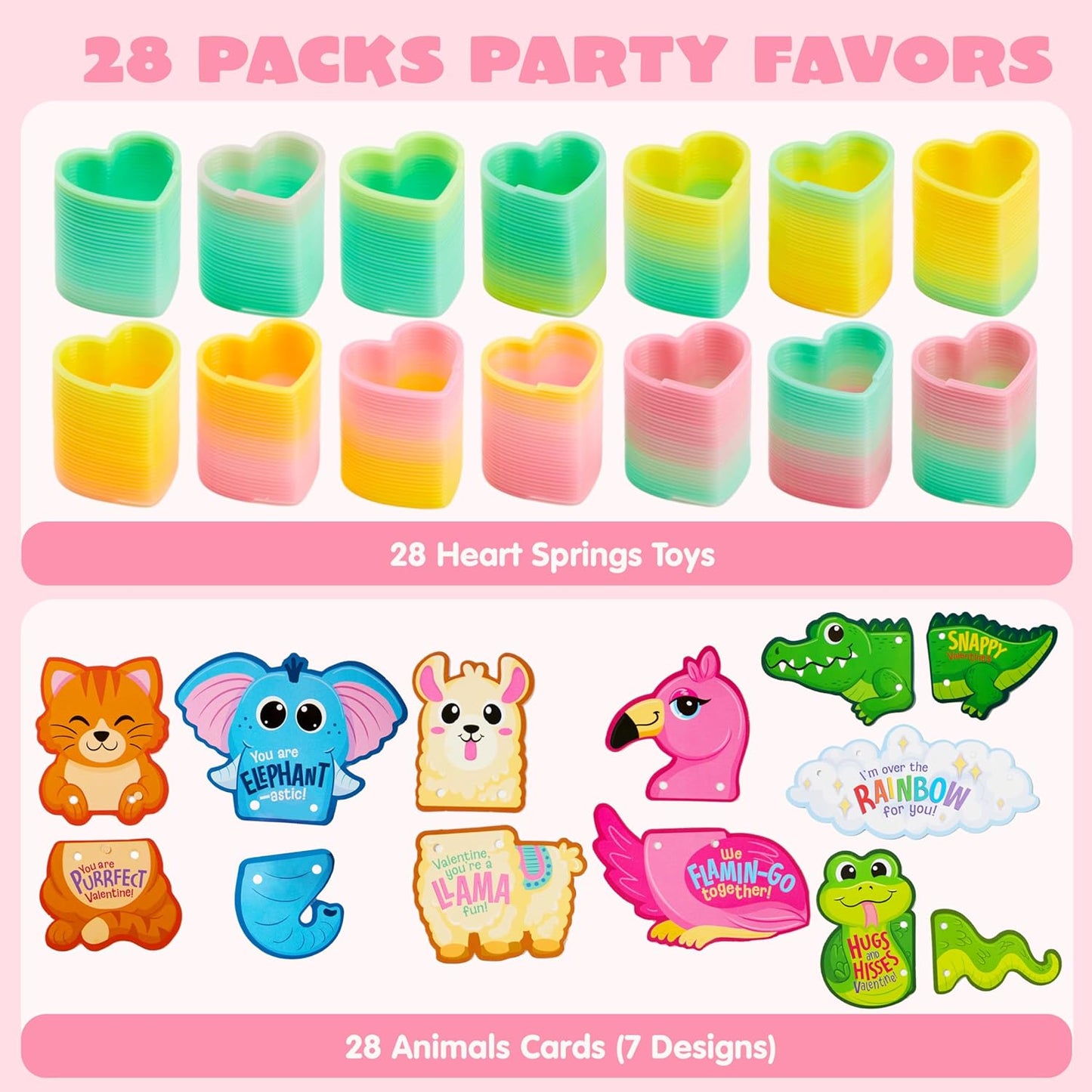 28 Packs Valentine'S Day Animal Kind Gift Cards with Colored Springs, Mini Coil Springs Toys, Stress Relief Toys for Kids Valentine'S Party Favors, Classroom Exchange and Goodie Bags Stuffers