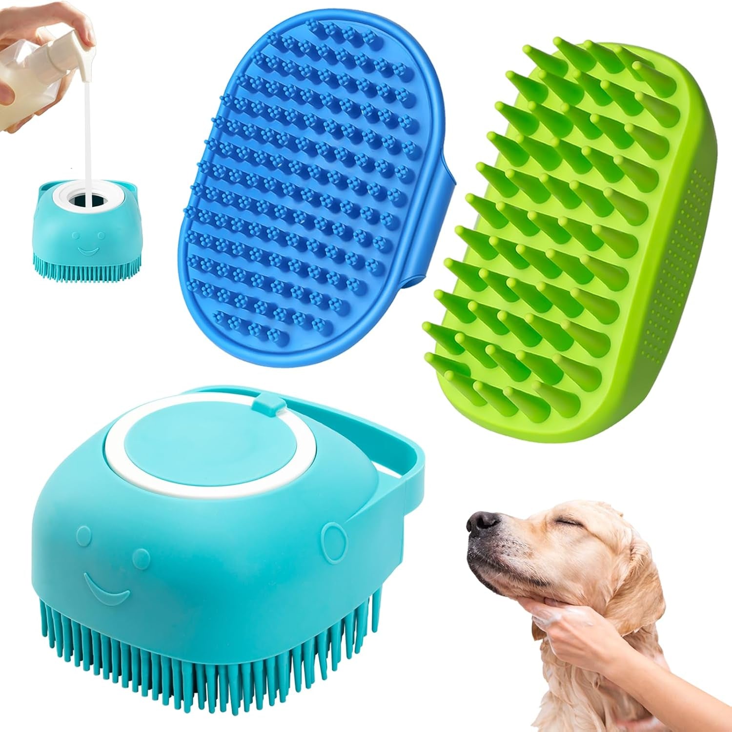 3PCS Dog Bath Brush, Dog Shampoo Brush, Dog Scrubber for Bath, Dog Shower Brush, Dog Bath Supplies, Suitable for Deshedding, Washing & Grooming of Short and Long Haired Pets (Blue Green Blue)