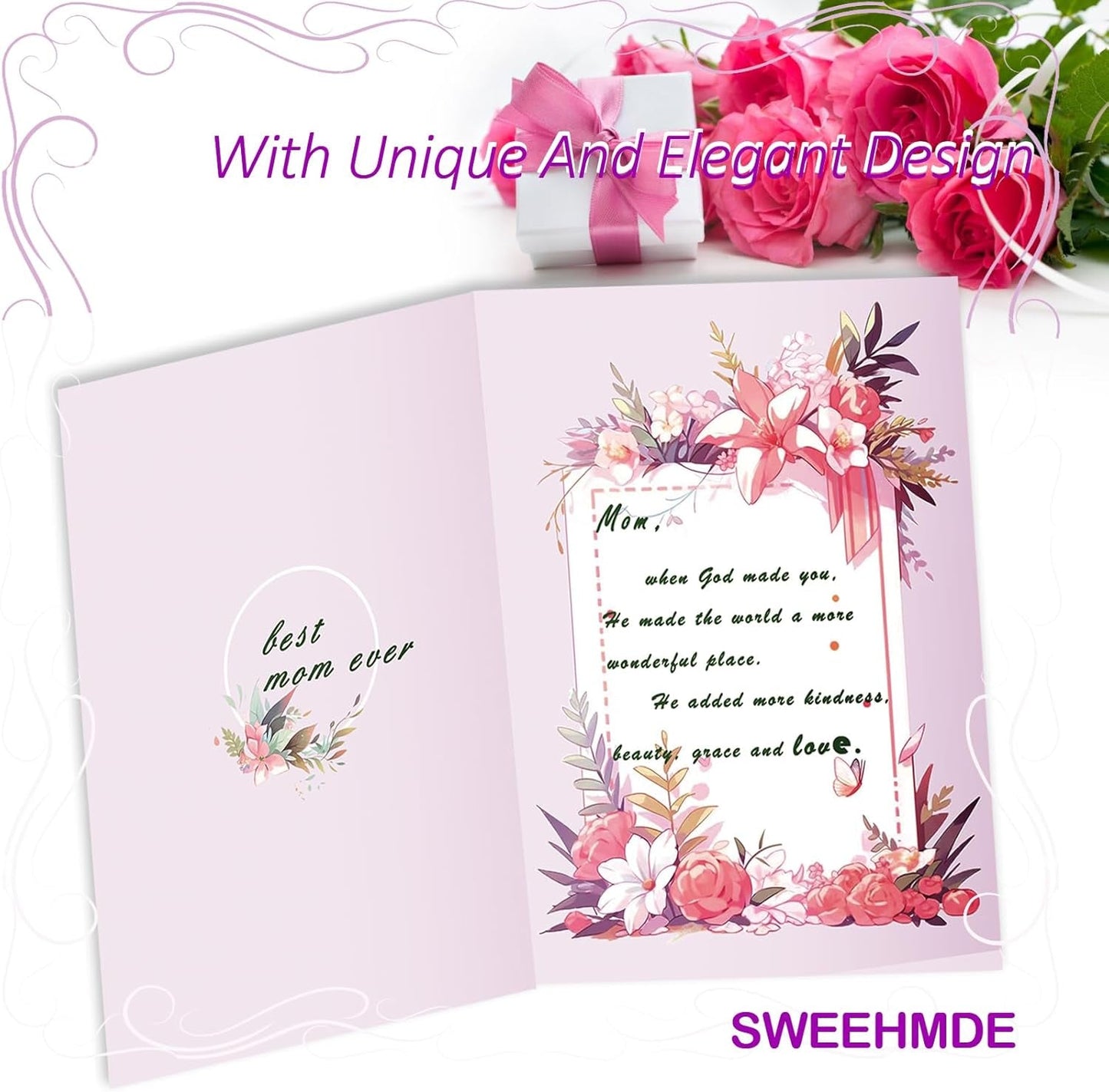 Mother'S Day Greeting Cards for Mom from Daughter Son,Woman Birthday Gift Pink Card,Mother'S Day Gifts Cards for Wife from Husband Blessing Cards with Envelope Sealing