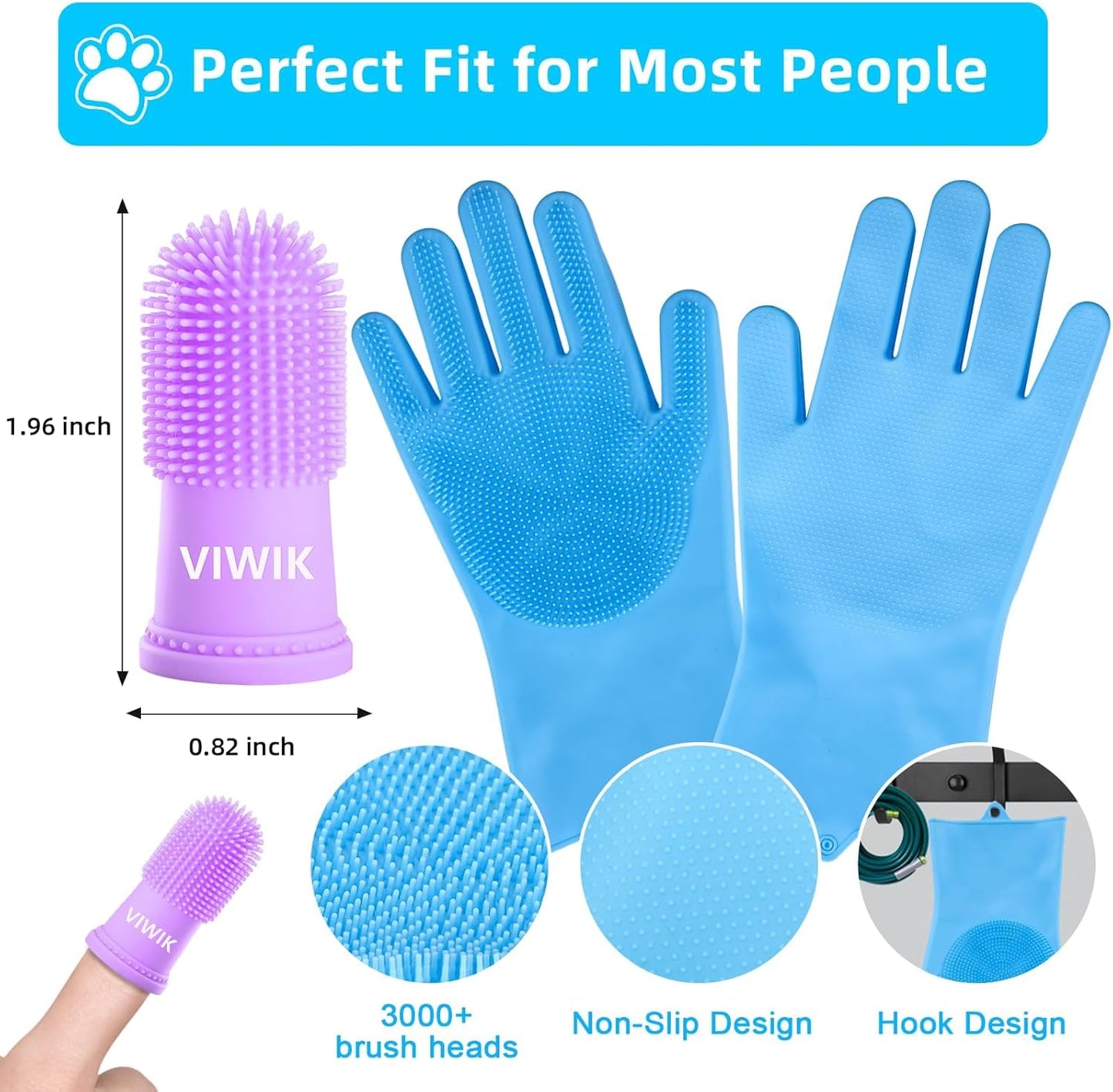 Dog Bath Gloves with 4Pack Dog Toothbrush, Dog Grooming Kit, Dog Finger Toothbrush for Small Breed, Medium Large Dogs, Silicone Dog Washing Gloves with High-Density Teeth, Pet Grooming Gloves