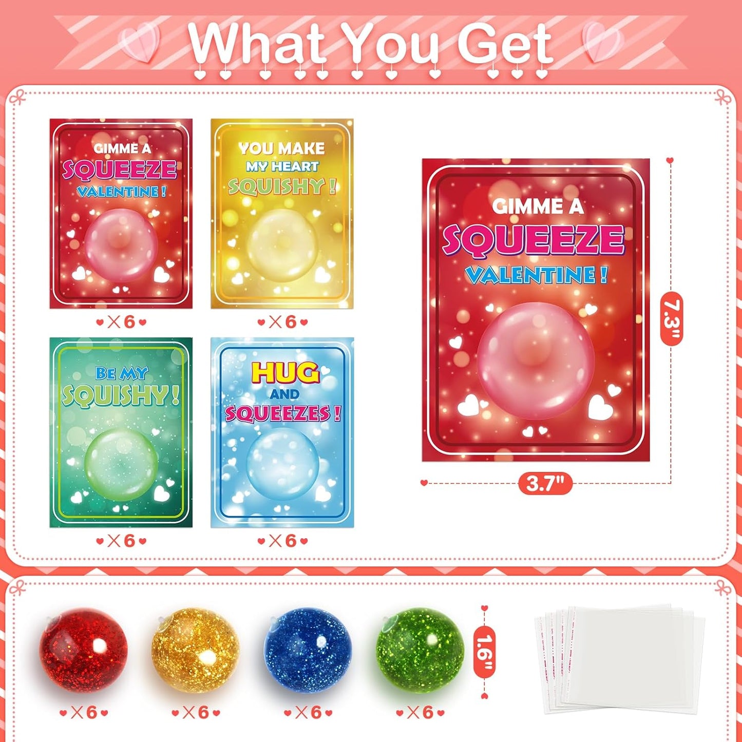 24 Pack Valentine'S Day Cards for Kids with Stretchy Balls for School Classroom Valentine'S Gift Exchange, Valentine'S Party Favor and Prizes, Squeeze Toy Fidget Toy for Kids