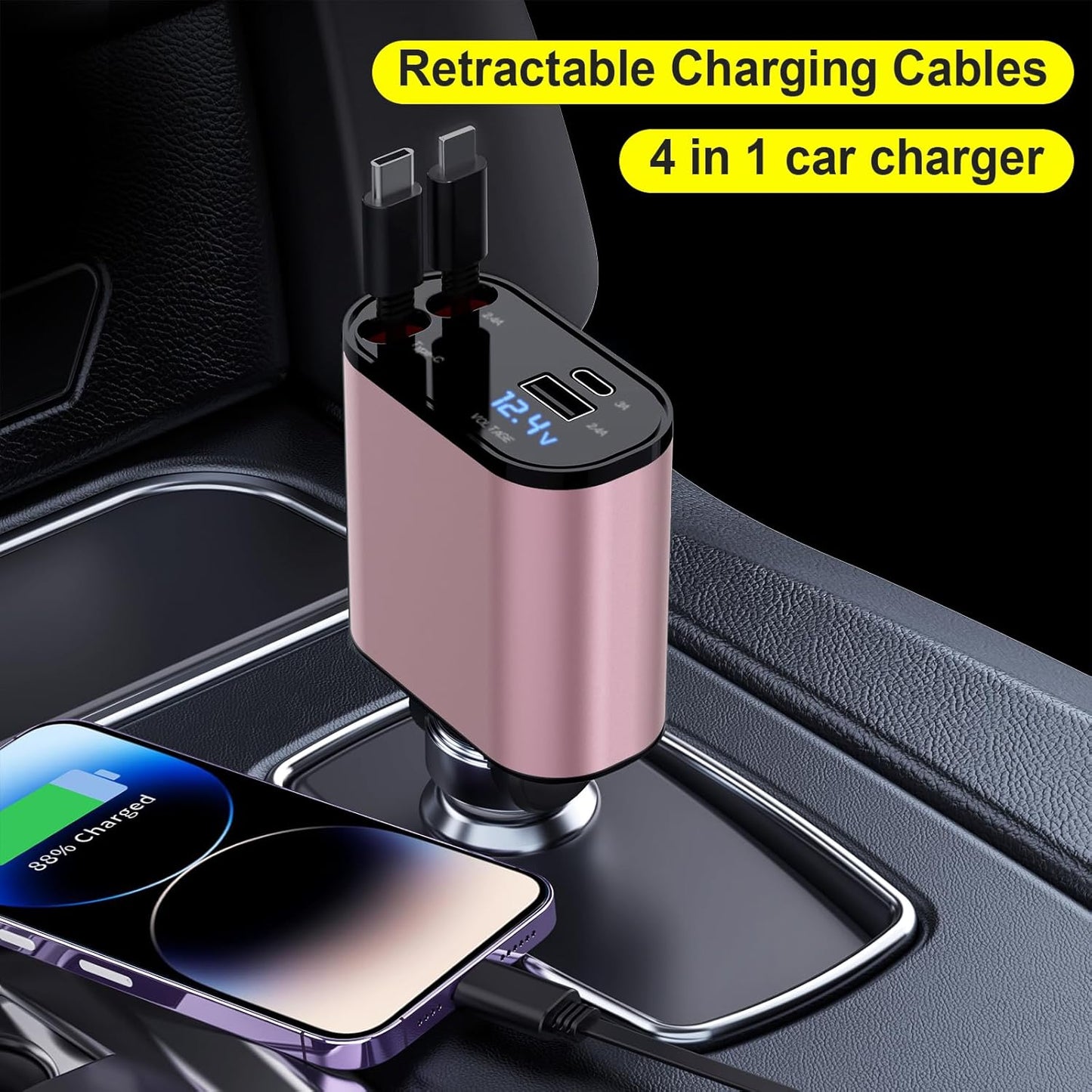 Retractable Car Charger Compatible with Galaxy Pixel, 4 in 1 Fast Charging Car Charger 60W, Retractable Cable and 2 USB Ports Car Charger Adapter