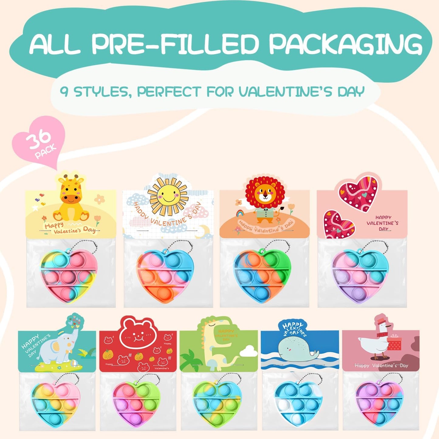 Valentines Day Gifts for Kids - Prefilled 36 Pack Heart Pop Fidget Keychain Toys Bulk with Valentine'S Cards for Kids Classroom Exchange School Class Toddlers Boys Girls Party Favors