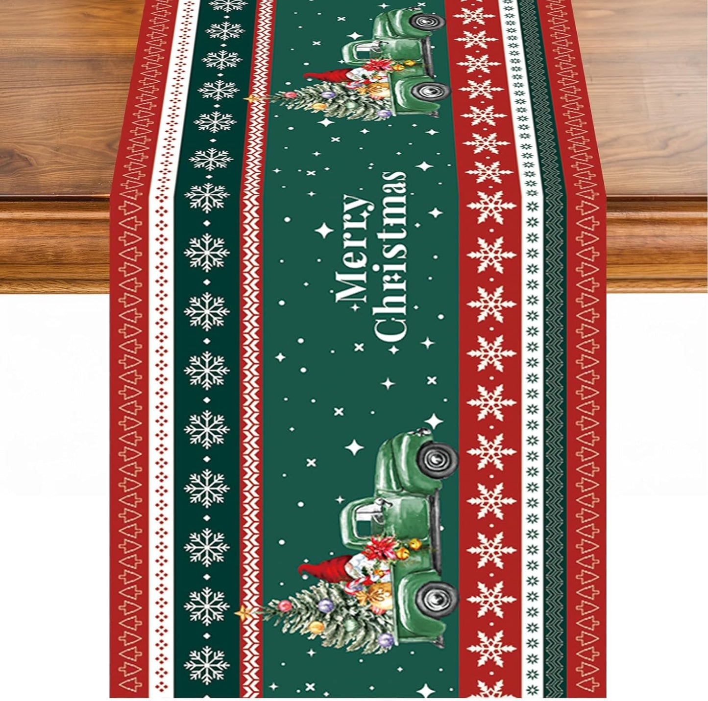 Christmas Table Runner, Red Green Truck Snowflake Santa Claus Christmas Runner for Table, Christmas Table Runners 72 Inch Long Xmas Kitchen Dining Table Decorations for Home Winter Party Decor