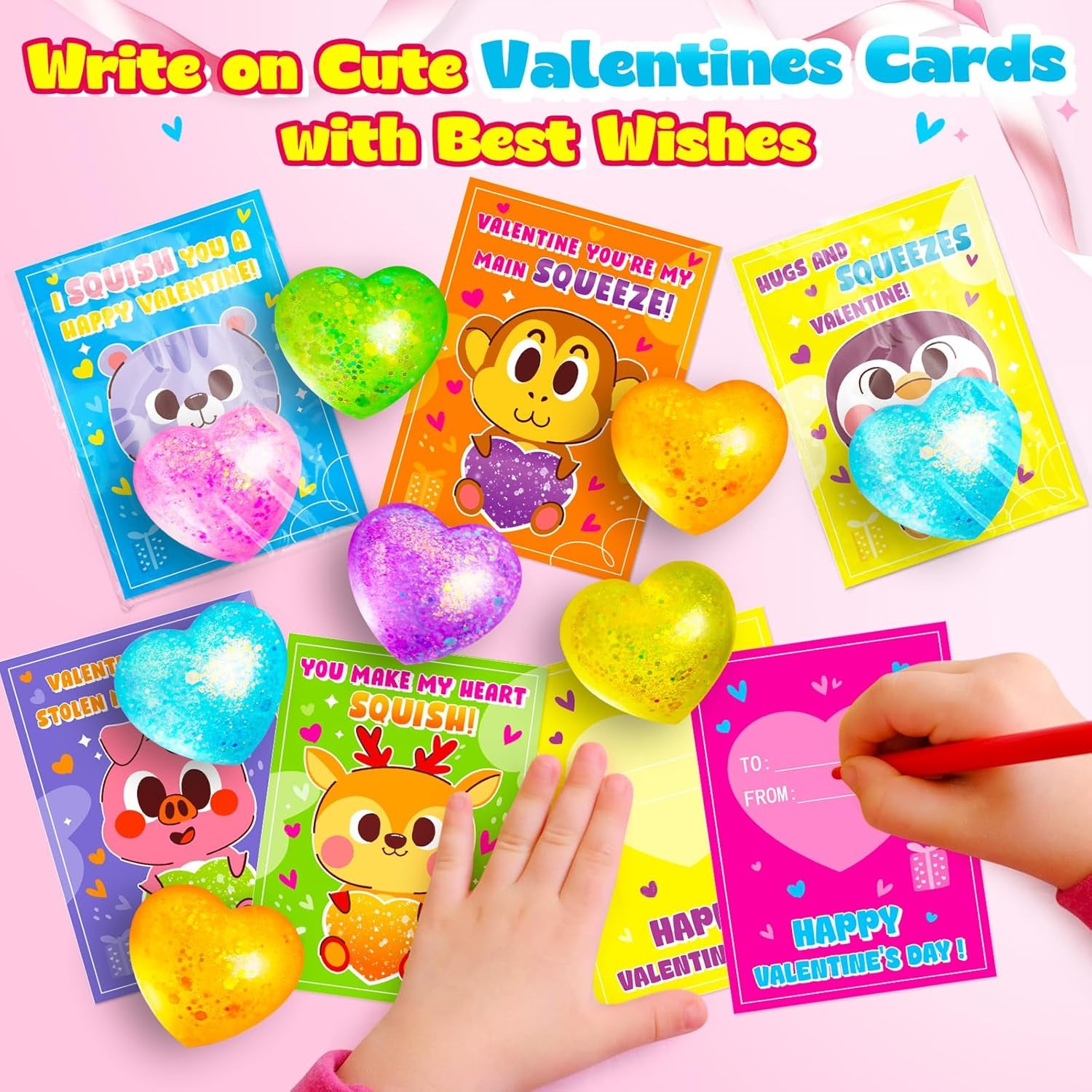 24Pack Valentines Day Gifts for Kids Classroom Heart Stress Balls with Valentines Day Cards for Kids School Class Exchange Fidget Sensory Mochi Squishy Toys Valentine Party Favors for Toddler Boy Girl