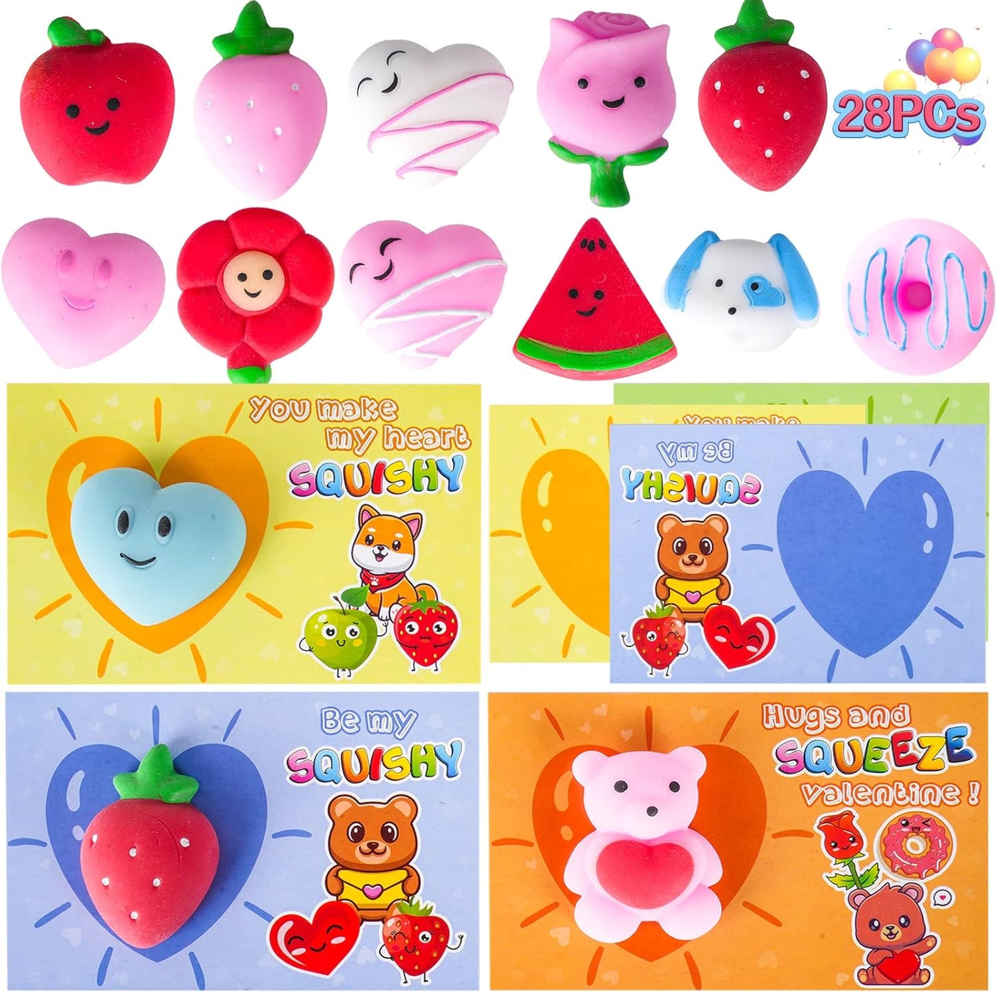 28 Packs Valentines Day Gift Cards with Cute Kawaii Mochi Squishy to Squeeze for Kids School Classroom Valentine’S Exchange Greeting Cards Party Favors