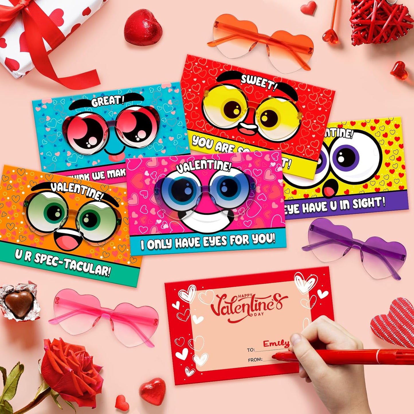 Valentines Day Cards for Kids School, 28 Pack Valentines Cards for Kids School with Heart Shaped Glasses, Valentines Day Exchange Gifts for Kids, School Classroom Birthday Party Favors for Boys Girls