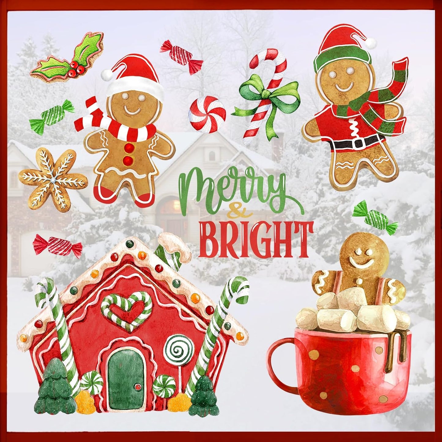 Merry Christmas Gingerbread Window Clings 4 Sheets, Xmas Ginger Bread Man Candy Donut Wall Glass Stickers Decal Holiday Decoration, Winter Gift Kids Room Home Kitchen Decor