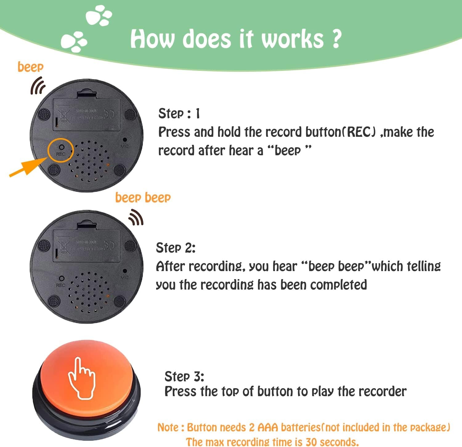 Voice Recording Button for Communication Pet Training Buzzer, 30 Second Record&Playback Dog Toy, Voice Recording Clicker for Cat, Puppy, Pet Trainin, Funny Gift for Study Office Home 4 Pcs