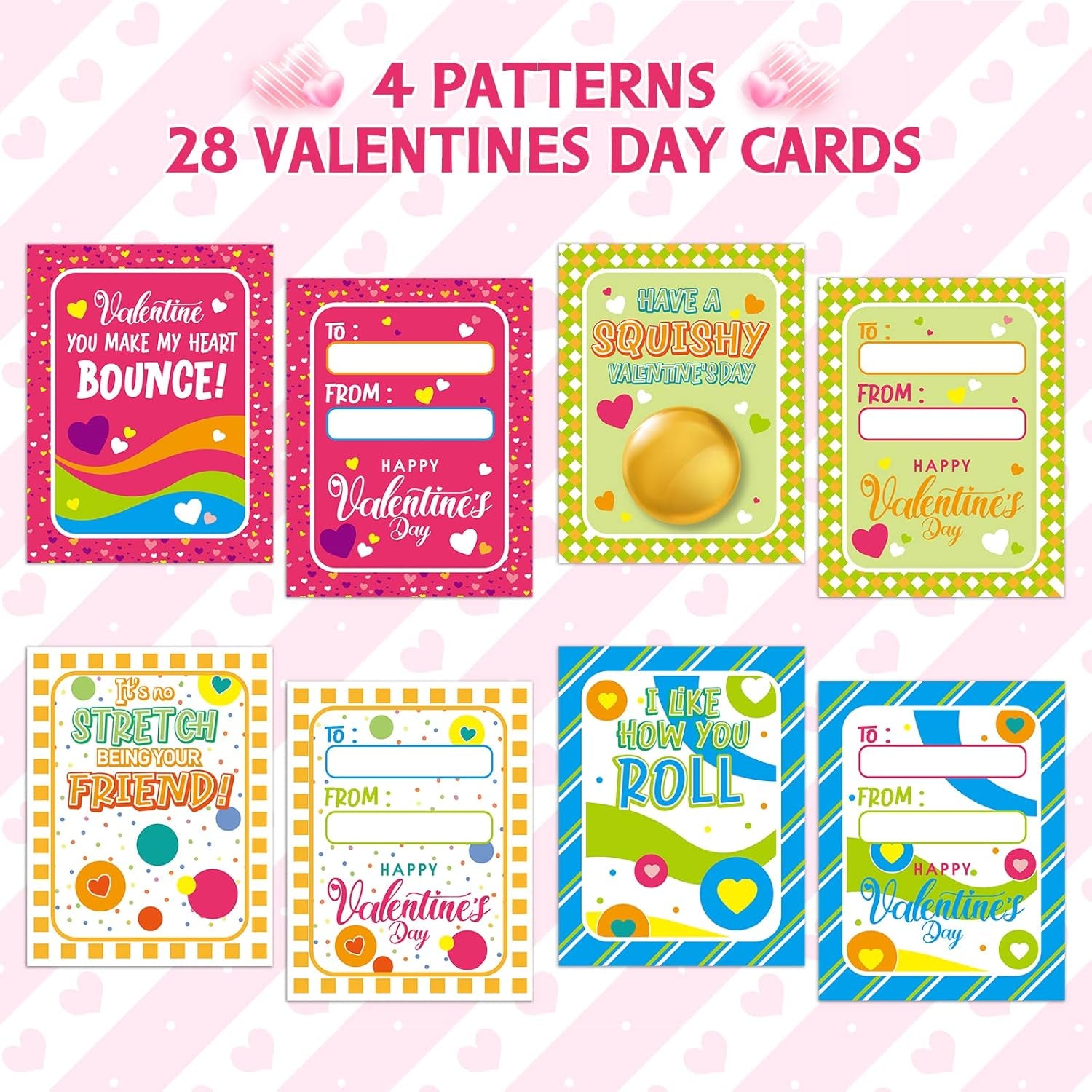 28 Packs Valentines Day Cards for Kids with Stretchy Ball Set, Stretchy Balls Sensory Squeeze Toys Fidget Toys for Kids Classroom Exchange Prizes, Valentine Party Favor for Kids