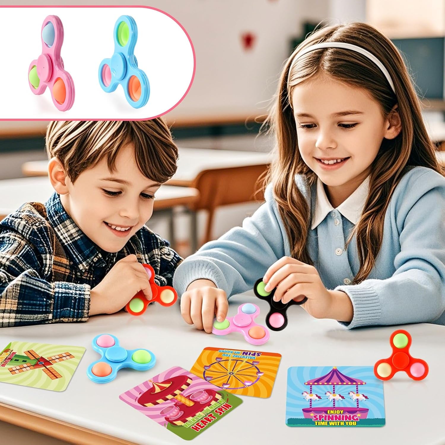 28Pack Valnetine Day Gifts for Kids Classroom School Exchange, Kids Valentine Day Greeting Cards with Spinner Toys, Valentine Day Exchange Cards Gifts for Kids Valentine'S Day Party Favors