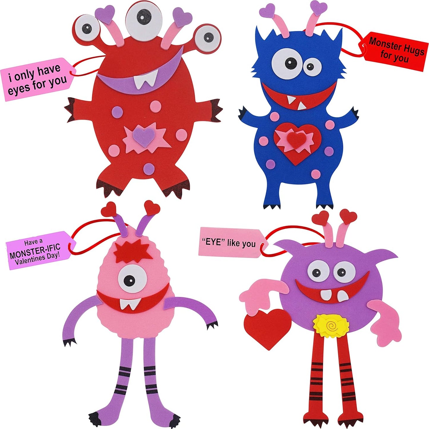 Valentines Monster Craft Ornament (12 Pack) Foam Valentines Day Crafts for Kids Classroom DIY Card Activity Bulk - Individually Wrapped