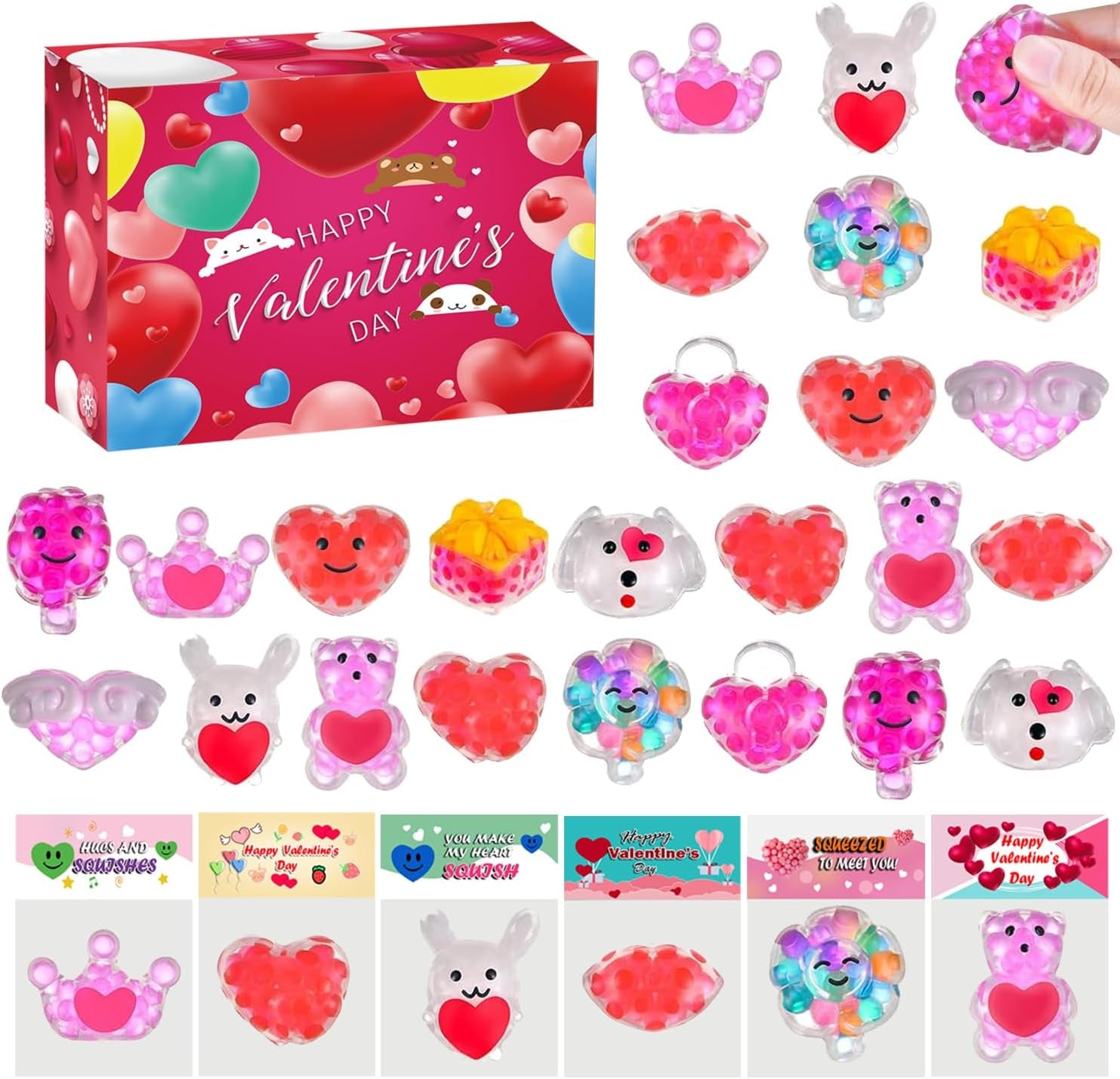 24 Pack Valentines Day Gifts Cards with Squeeze Balls Fidget Toys Bulk for Kids Boys Girls Class Classroom Valentines Gift Exchange Party Favors Supplies