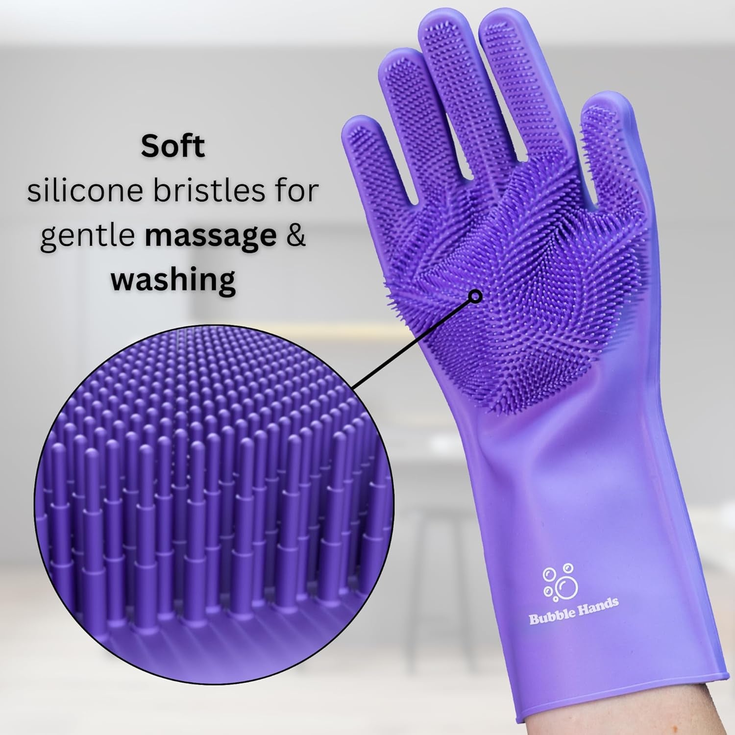 Dog Washing Gloves with Bristle Scrubbers, Reusable Silicone Gloves Ideal for Pet Bathing, Massaging & Grooming (Purple)