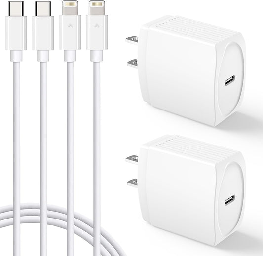 20W USB C Fast Charger 10 FT Compatible with Iphone 14 13 12 11 XS XR X 8 Ipad, 2 Pack PD Wall Charger Block with 10FT Long Type C Lightning Cable (White)