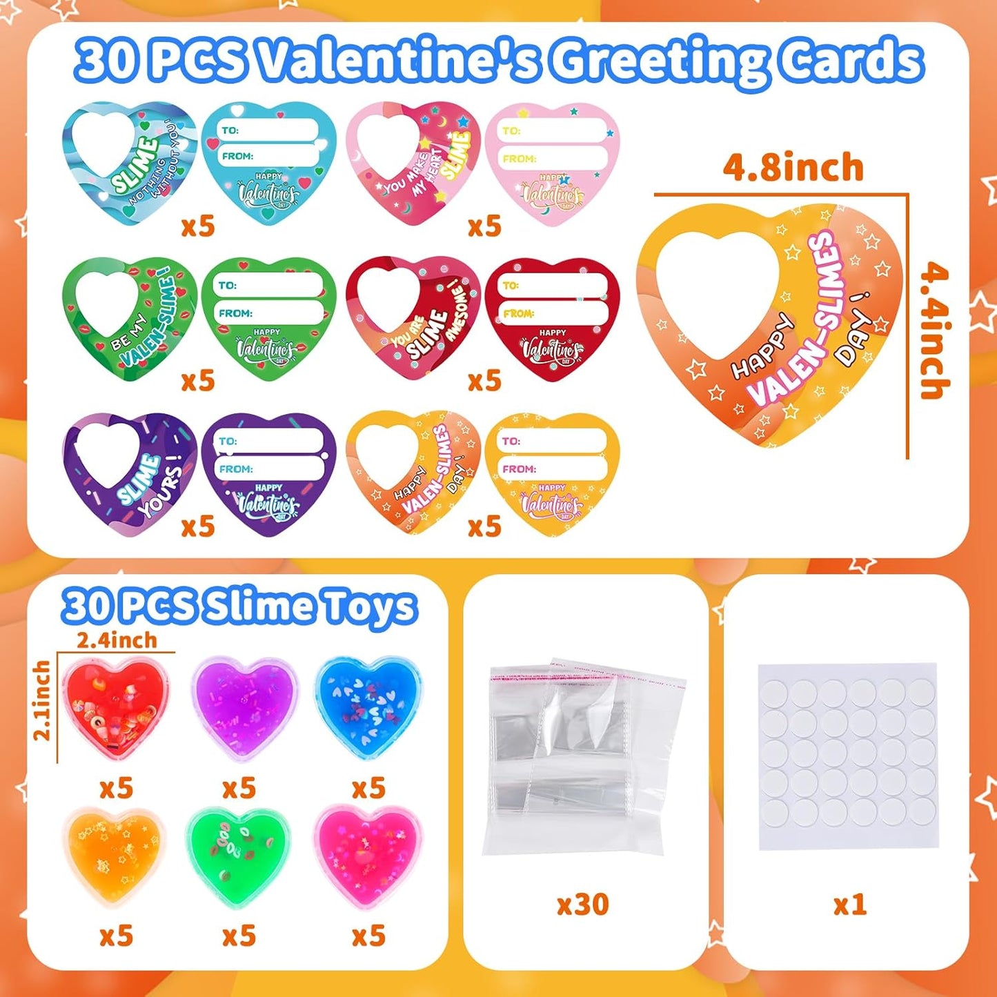 Valentines Day Cards for Kids- 30 Set of Heart Shape Slime Toys and Cards Bulk for Valentine Exchange Gifts, Valentines Party Favors for Kids, School Classroom Valentine'S Prizes