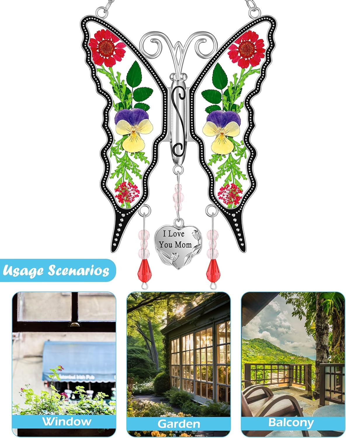 Gifts for Mom Butterfly Suncatcher Mom Gifts Mothers Day I Love You Mom Stained Glass Sun Catcher for Window Hangings Wind Chime Ornament Birthday Gift for Mother`S Day Valentine`S Christmas