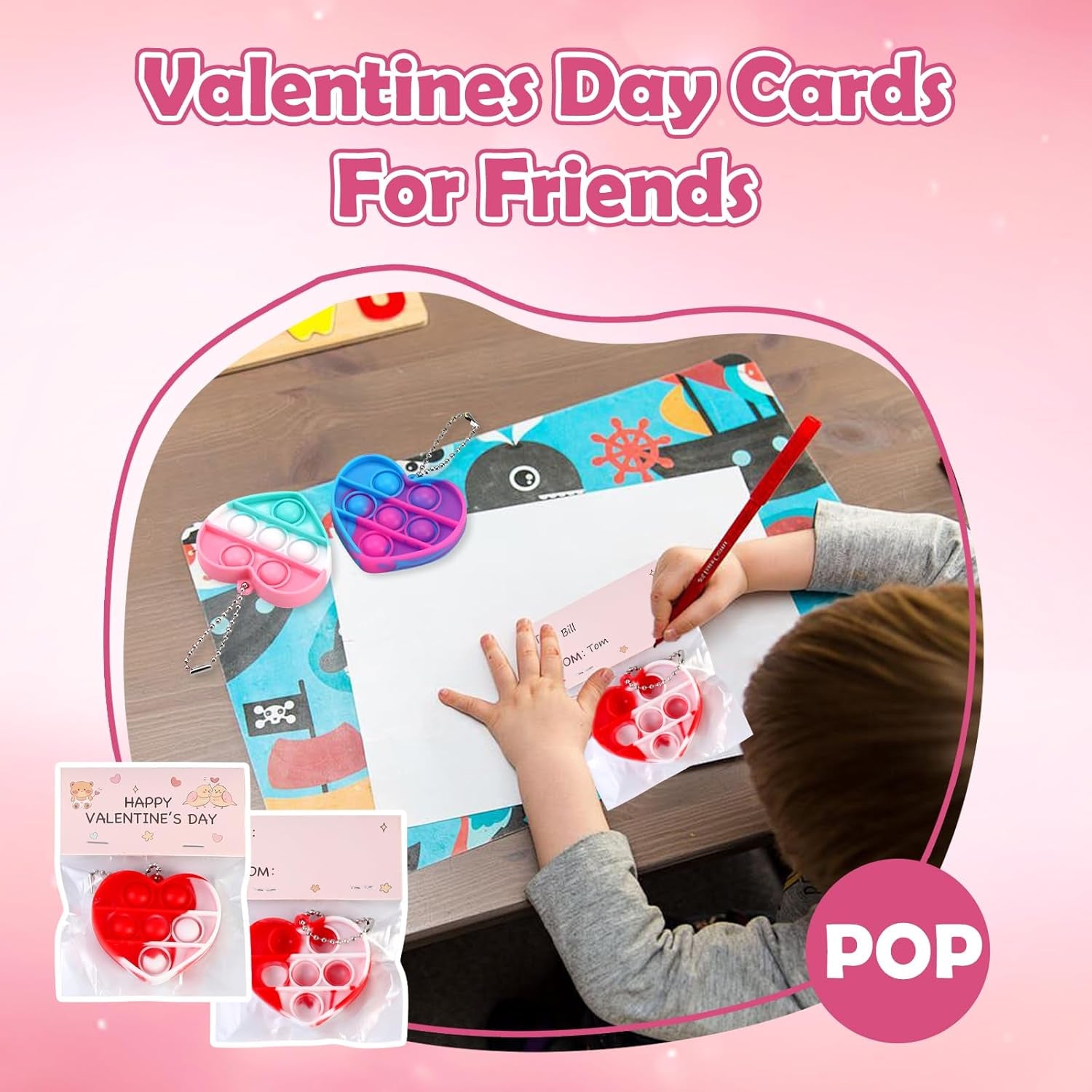 32Pcs Heart Shape Pop Fidget Toy with Valentine'S Day Card for Kids,Valentines School Classroom Exchange Kit for Kids, Party Favor Supplies for Kids