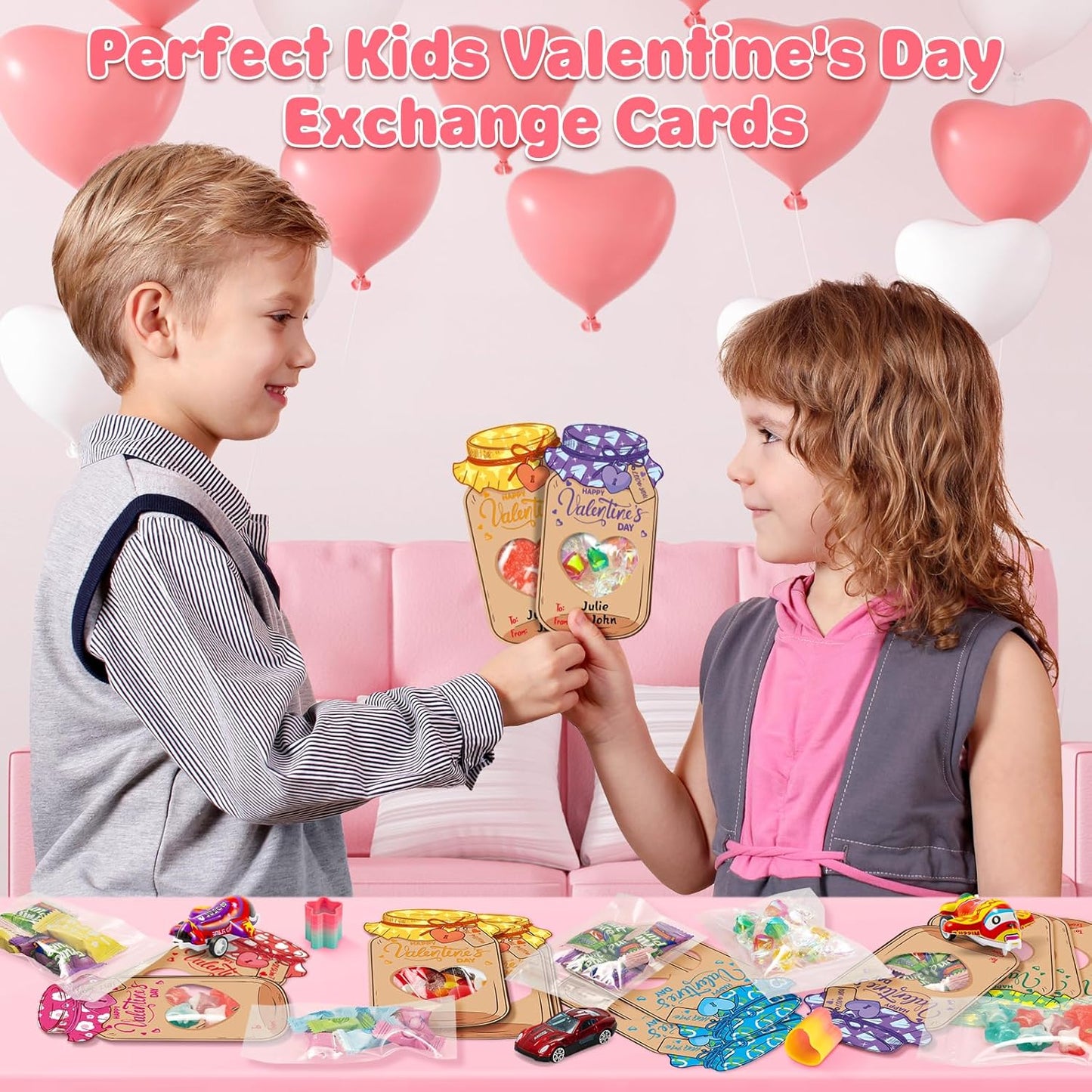 Valentines Day Cards for Kids Classroom, 60 Pack Candy Jar Valentines Greeting Cards with Treat Bag, DIY Valentine Exchange Cards for School, Ideal Valentine Day Gifts for Kids Boys Girls