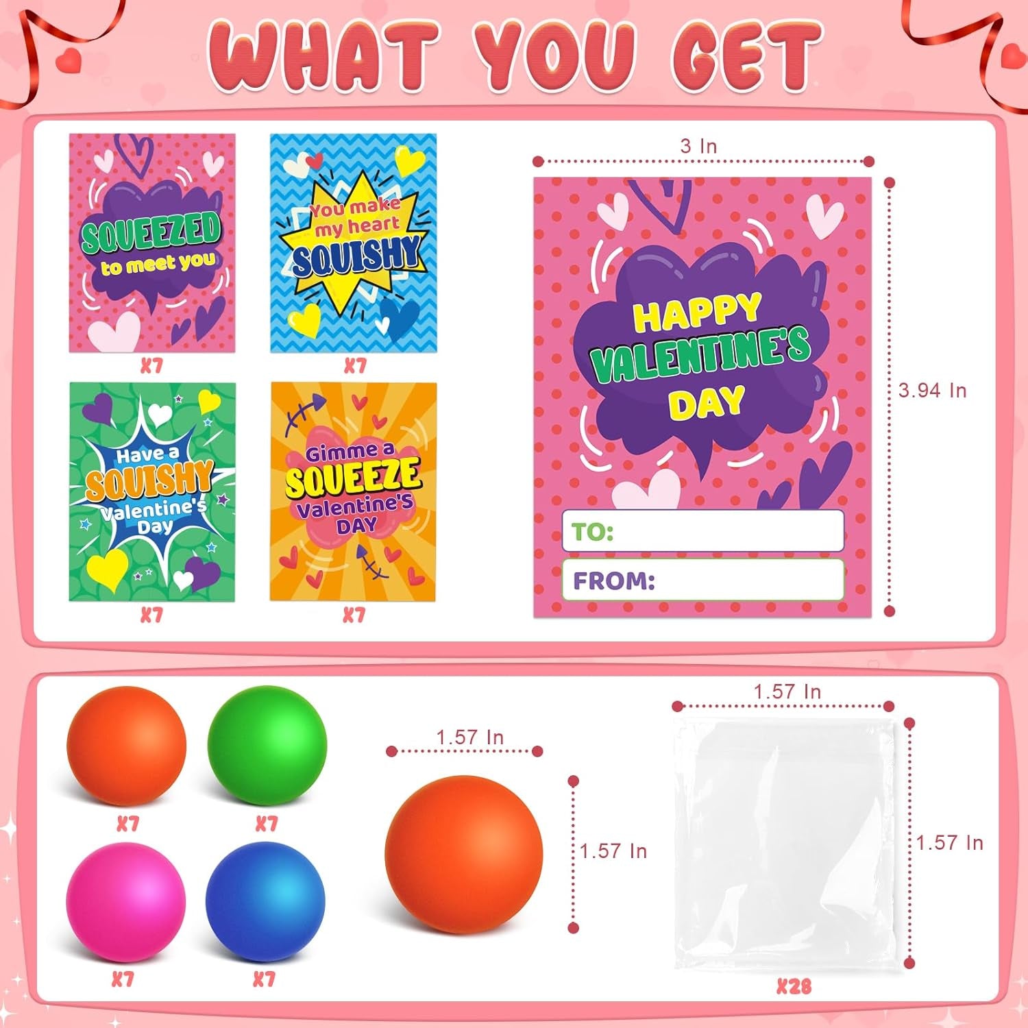 28 Packs Kids Valentine'S Day Greeting Cards with Squeeze Ball Set,Valentine Exchange Cards for Girls Boys School Class Prizes, Stretchy Balls Sensory Squeeze Toys,Bulk,Valentine Party Favor for Kids