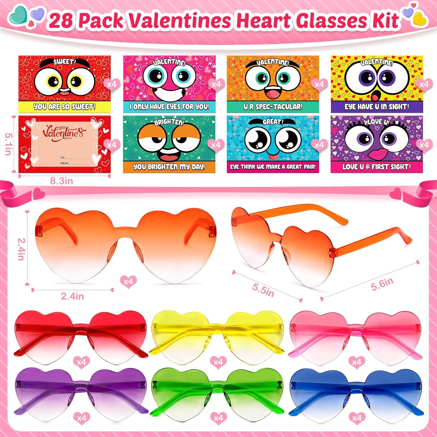 Valentines Day Cards for Kids School, 28 Pack Valentines Cards for Kids School with Heart Shaped Glasses, Valentines Day Exchange Gifts for Kids, School Classroom Birthday Party Favors for Boys Girls