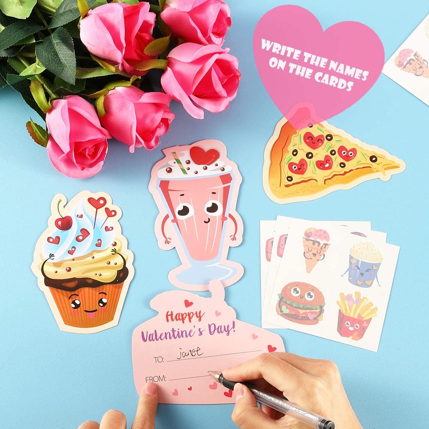 Valentines Day Cards for Kids, 36 Pack Kids Valentines Day Cards with Cute Temporary Tattoos, Pink Envelopes & 80PCS Stickers, Valentines Cards for Classroom Exchange