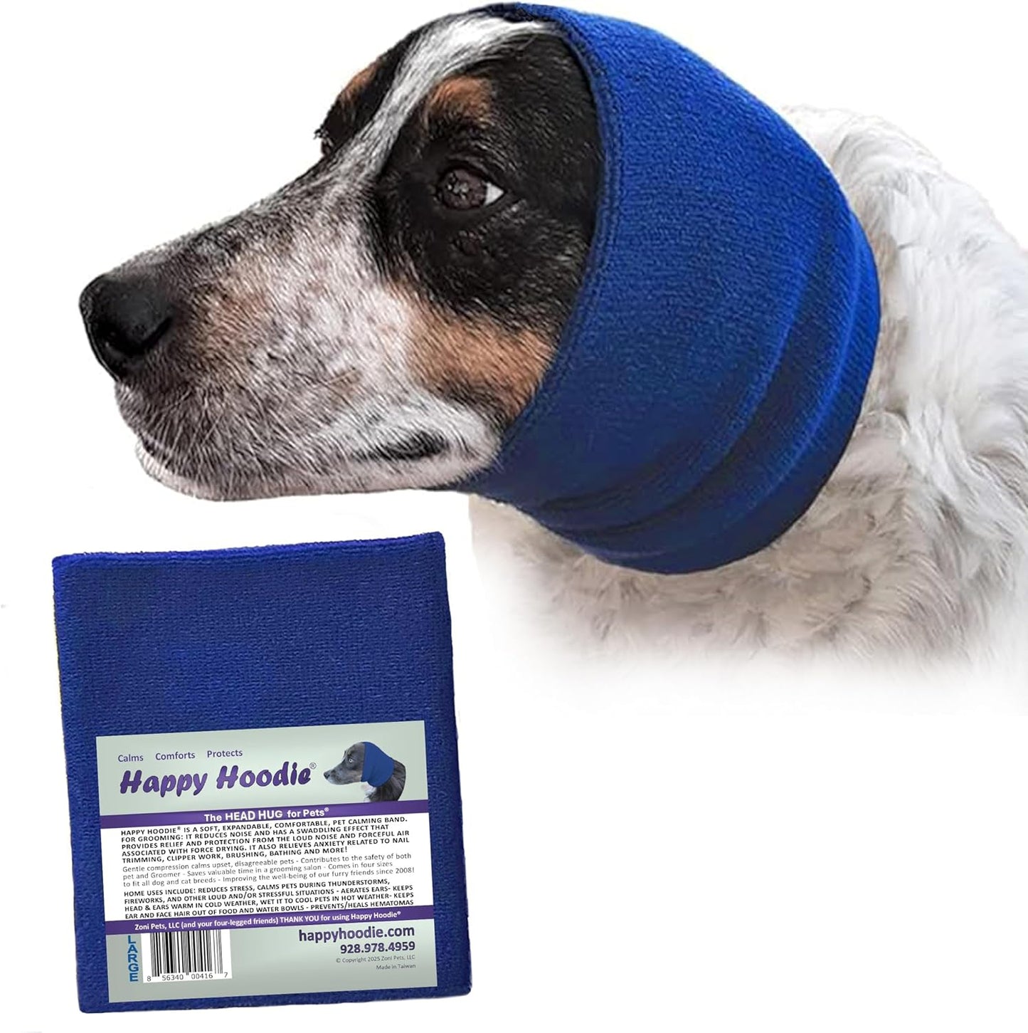 Happy Hoodie the Original Dog & Cat Calming Band, Anxiety Relief/Noise Protection-Grooming-Thunder-Fireworks (Large, Blue)