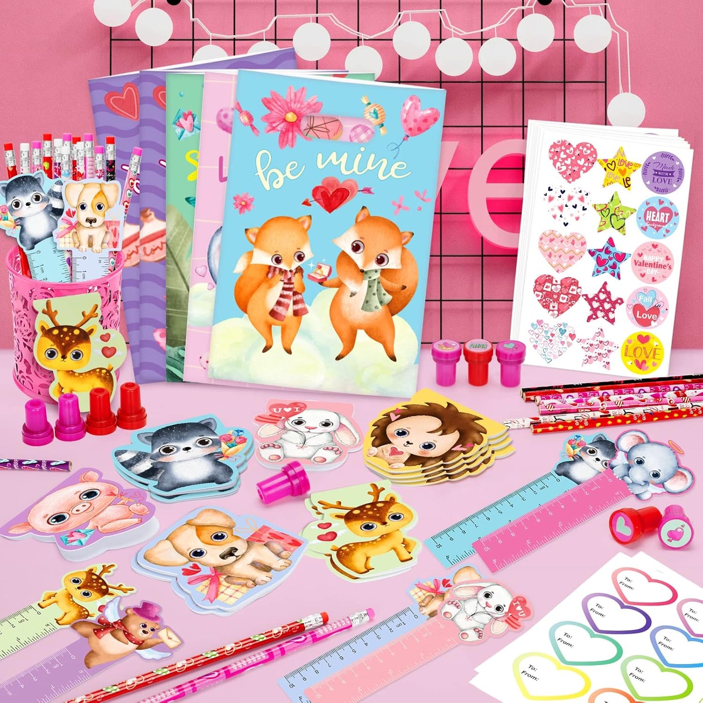 168 Pcs Valentines Day Stationery Kids Gifts Set, Valentines Gifts for Kids School Classroom Exchange, Valentines Party Favors for Boys Girls, Assorted Goodie Bag Pencil Sticker Ruler Stamp Notepad