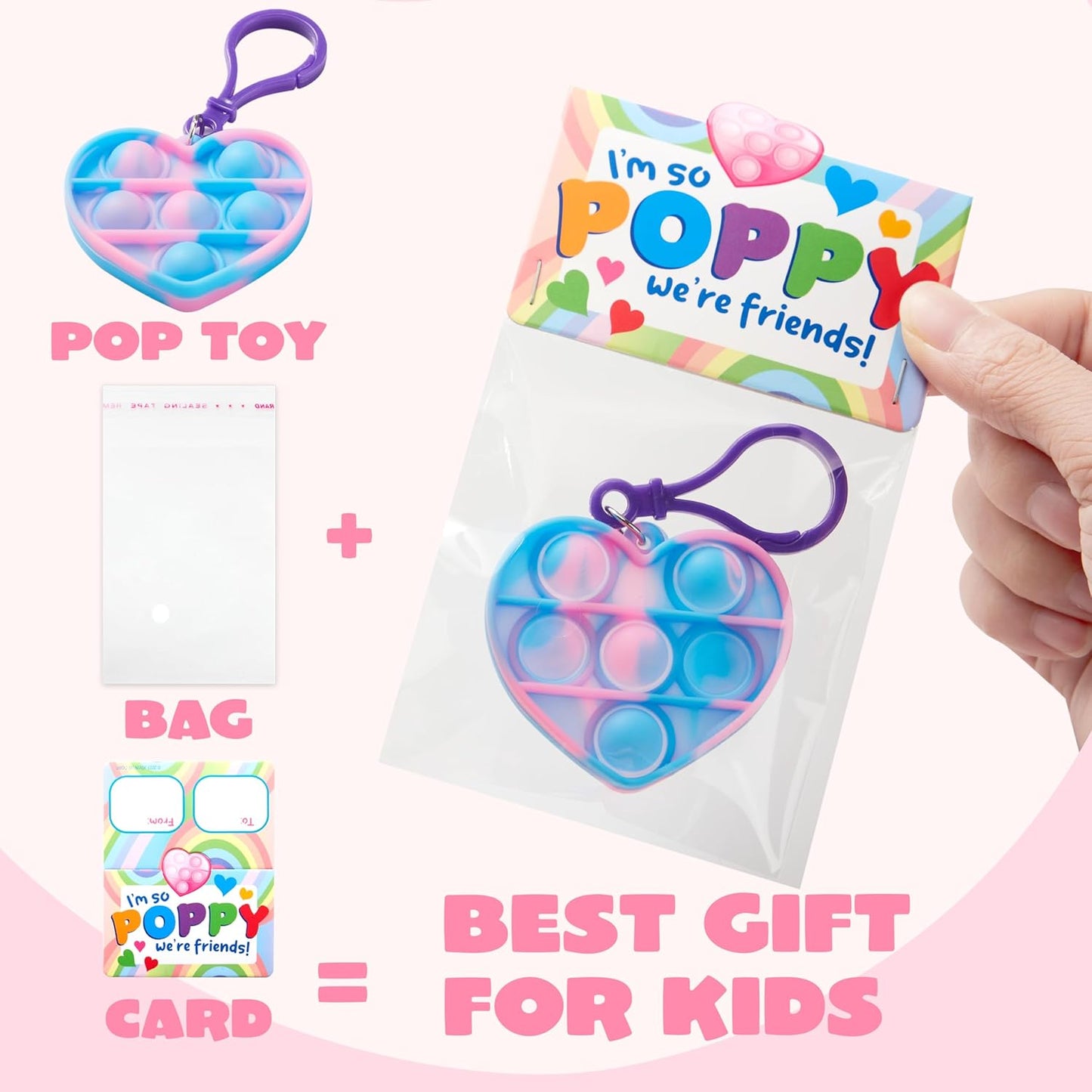 30 Packs Valentine’S Day Gift Cards with Heart Pop Bubble Keychain, Mini Pop Squeeze Toys, Stress Relief Fidget Toys for Kids Valentine'S Party Favors, Classroom Exchange and Game Prizes