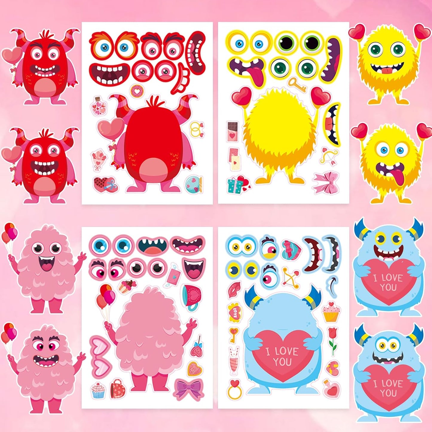 32 Sheets Valentine’S Monster Make-A-Face Stickers | Valentine’S Day Gifts for Kids DIY Crafts & Classroom Party Supplies | Fun Valentine Exchange, Activities, and Goodie Bag Stuffers