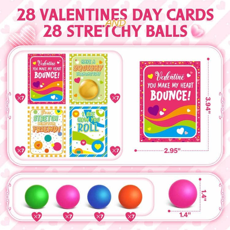 28 Packs Valentines Day Cards for Kids with Stretchy Ball Set, Stretchy Balls Sensory Squeeze Toys Fidget Toys for Kids Classroom Exchange Prizes, Valentine Party Favor for Kids