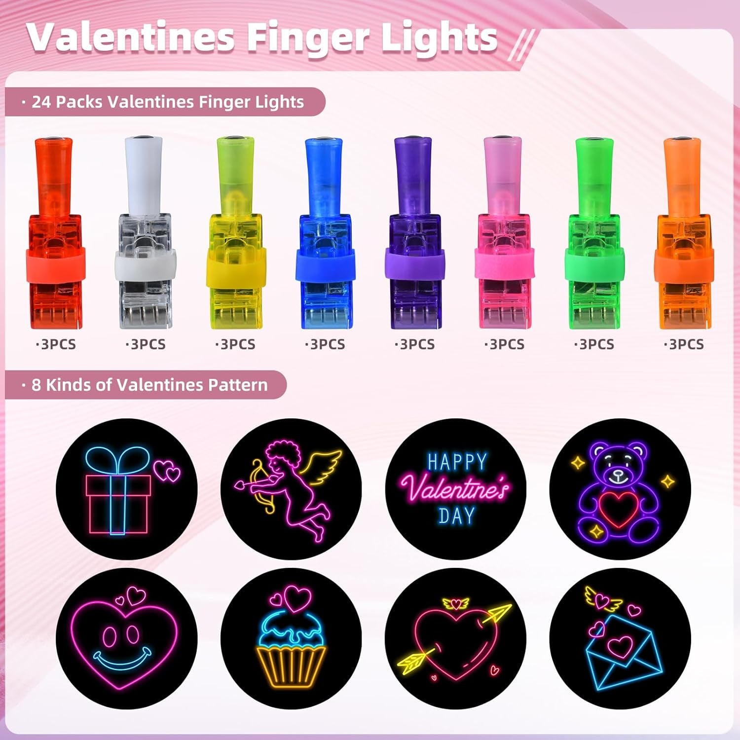 Valentines Day Gifts for Kids, 24 Packs Valentines Cards with LED Finger Lights Valentines Light up Toys for Kids School Classroom Exchange Valentine’S Day Party Favors Gifts