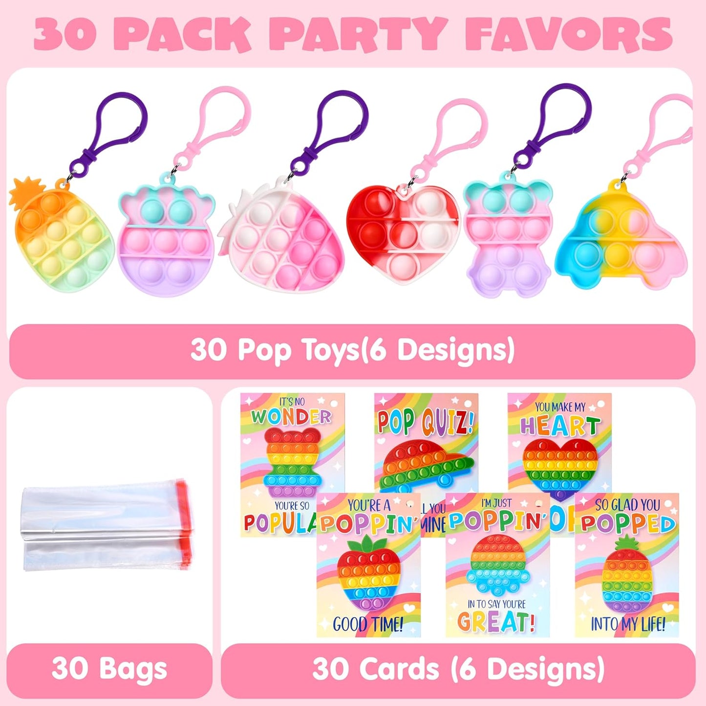 30 Packs Valentine’S Day 6-Design Gift Cards with Pop Bubble Keychains, Mini Colored Pop, Multi-Shape Stress Relief Fidget Toys for Kids Valentine'S Party Favors and Classroom Gift Exchange