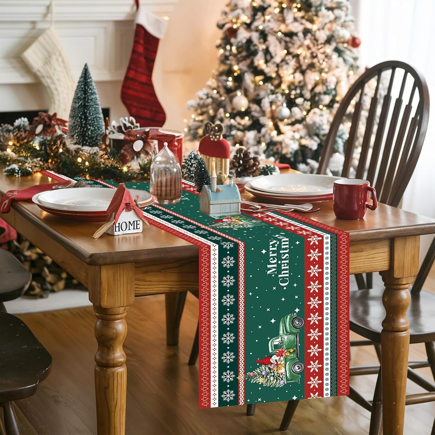 Christmas Table Runner, Red Green Truck Snowflake Santa Claus Christmas Runner for Table, Christmas Table Runners 72 Inch Long Xmas Kitchen Dining Table Decorations for Home Winter Party Decor