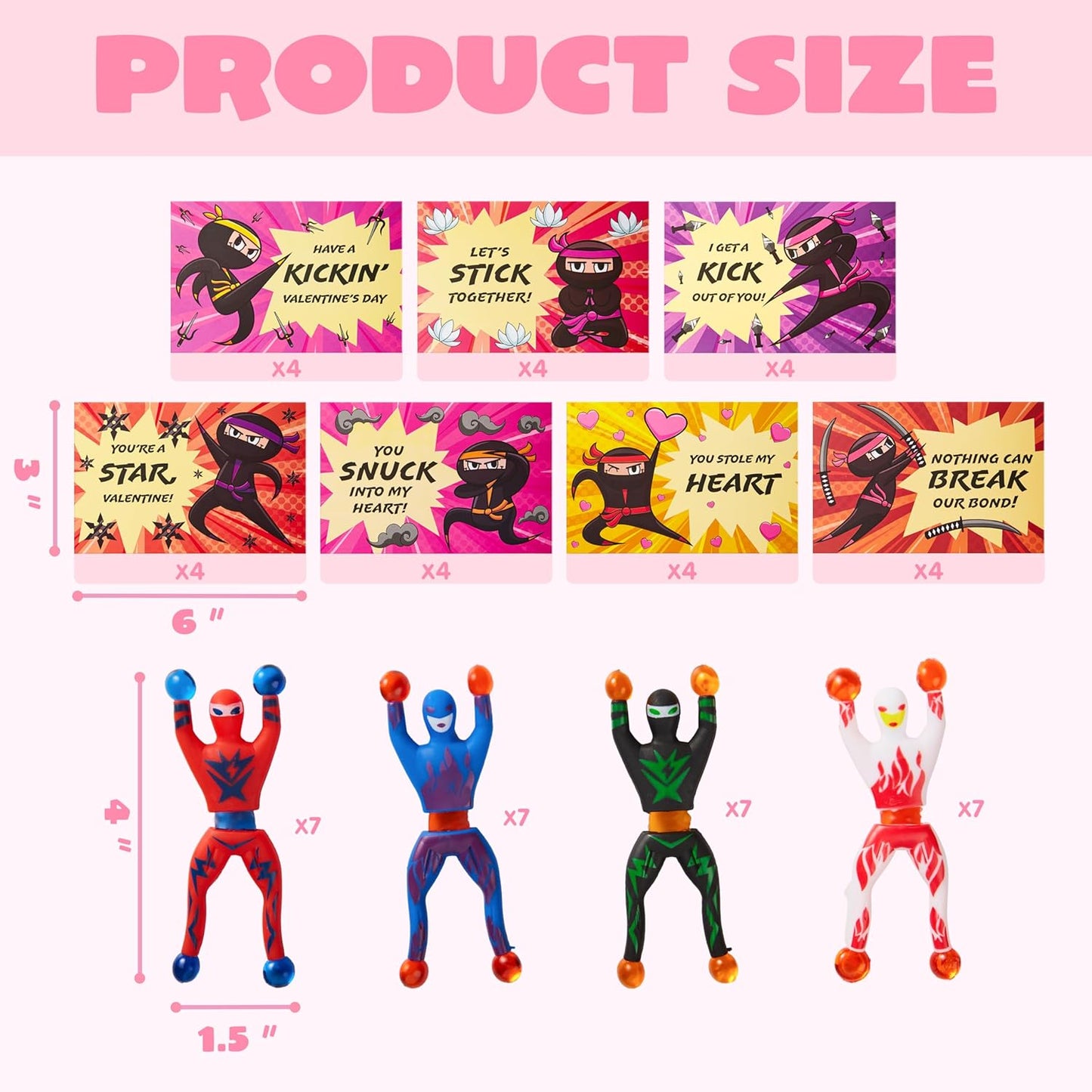 28 Packs Valentines Day Sticky Wall Climbing Men Ninja with Gifts Cards Set, Wall Climbers Stress Relief Toys for Kids Party Favor, Classroom Exchange Prizes, Valentine Greeting Cards