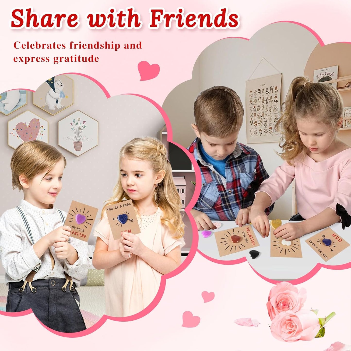 Valentines Day Gifts for Kids - 24 Pack Valentine'S Day Cards with Heart Shape Gem Stone for Classroom School Party Favors, Valentine Rock Bulk Exchange Gift for Boys Girls