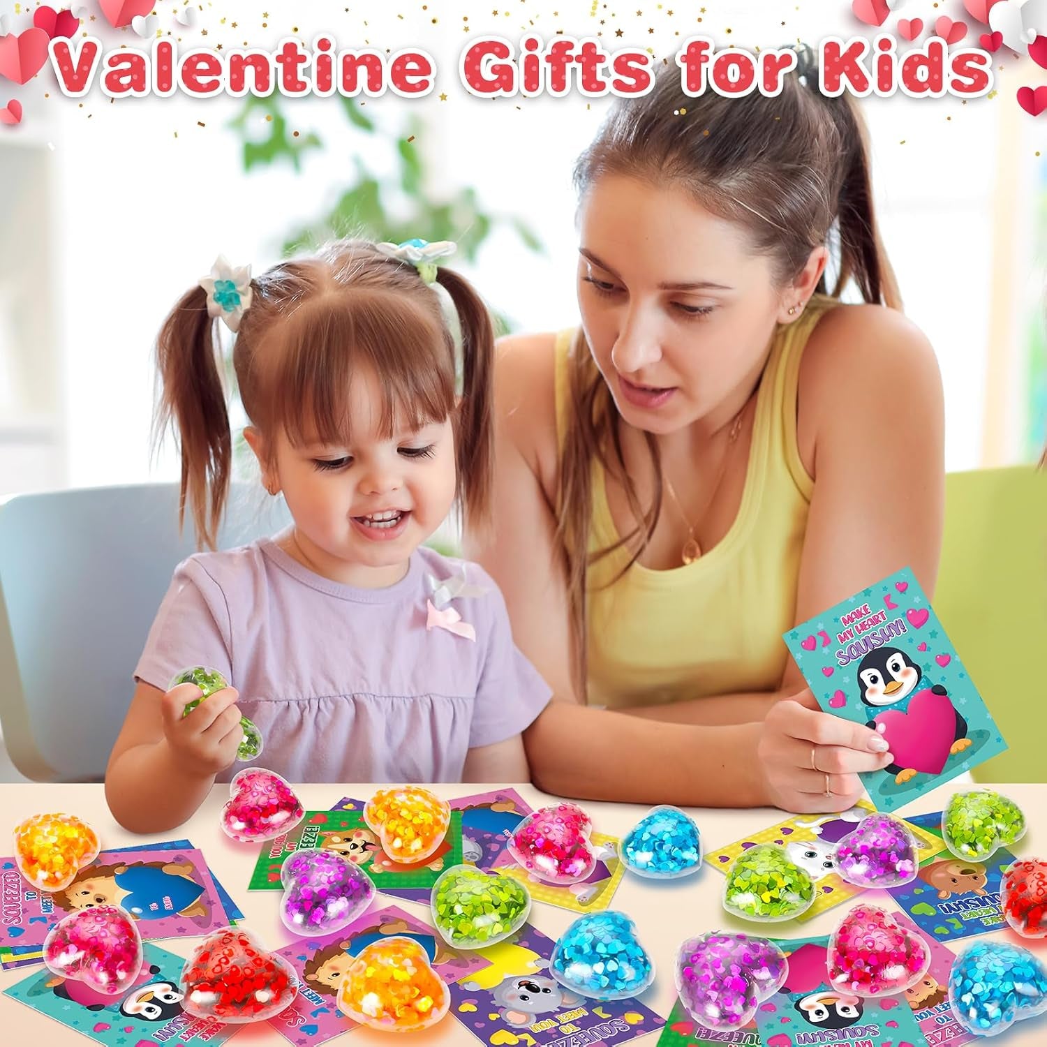 24 Pack Valentines Day Cards for Kids School, Valentines Heart Stress Balls with Greeting Cards for Kids, Valentines Day Gifts for Kids Classroom, Stress Relief Toys for Valentine'S Party Favor Prizes